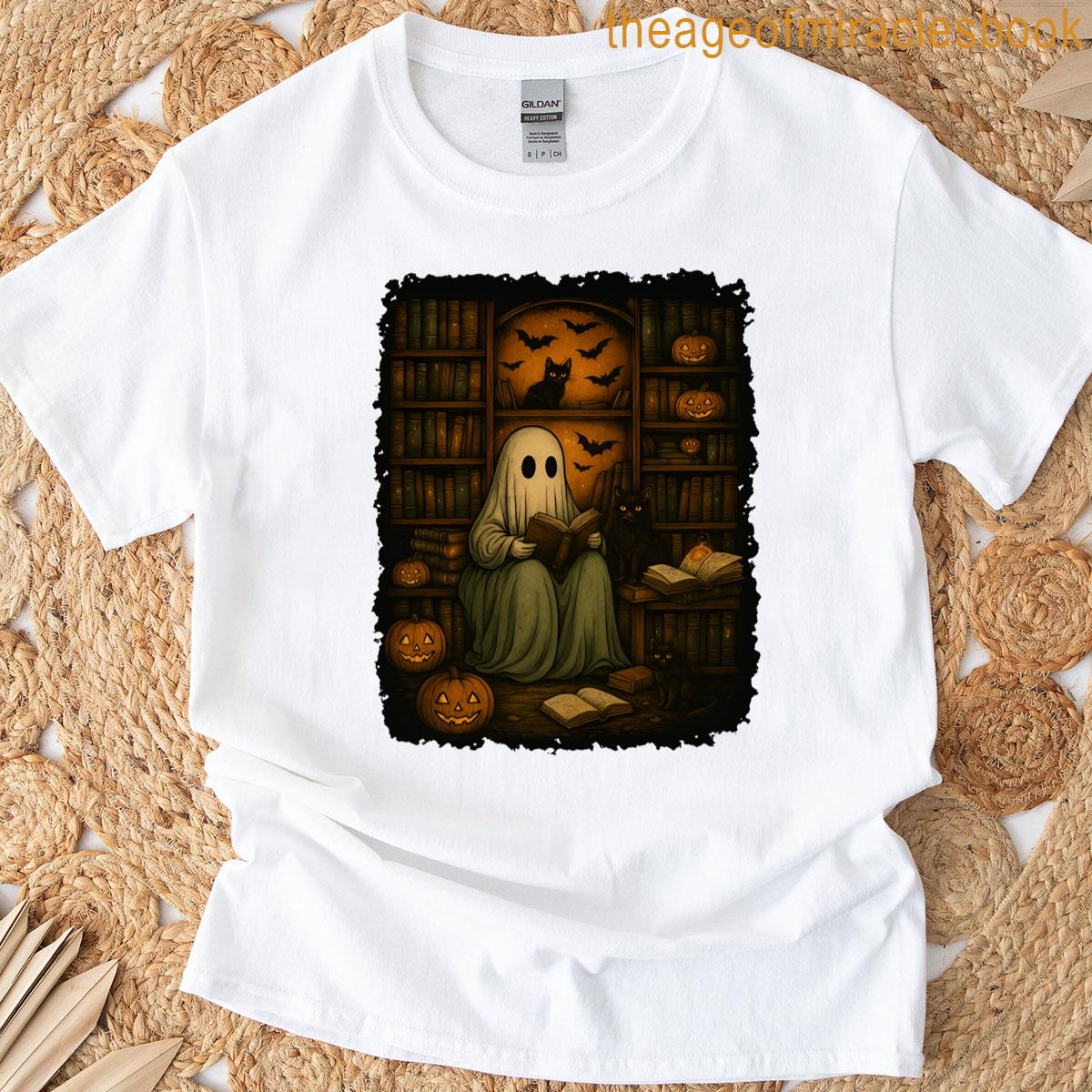 Ghost Reading With Cats In Haunted Library T-shirt