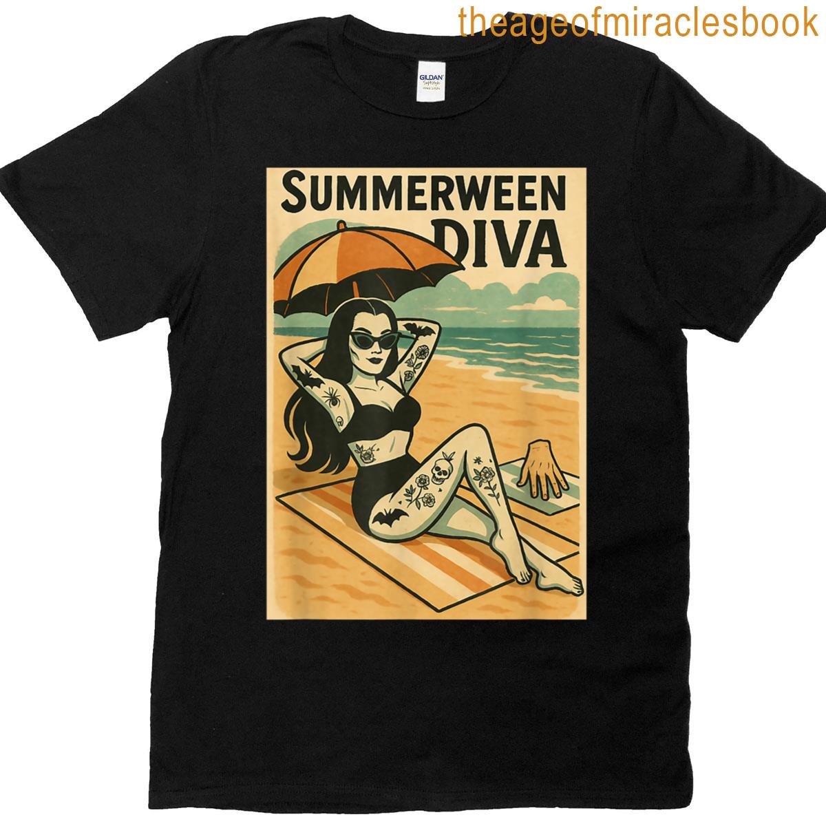 Summerween Diva Beach Gothic Retro Tattoo Art T-shirt