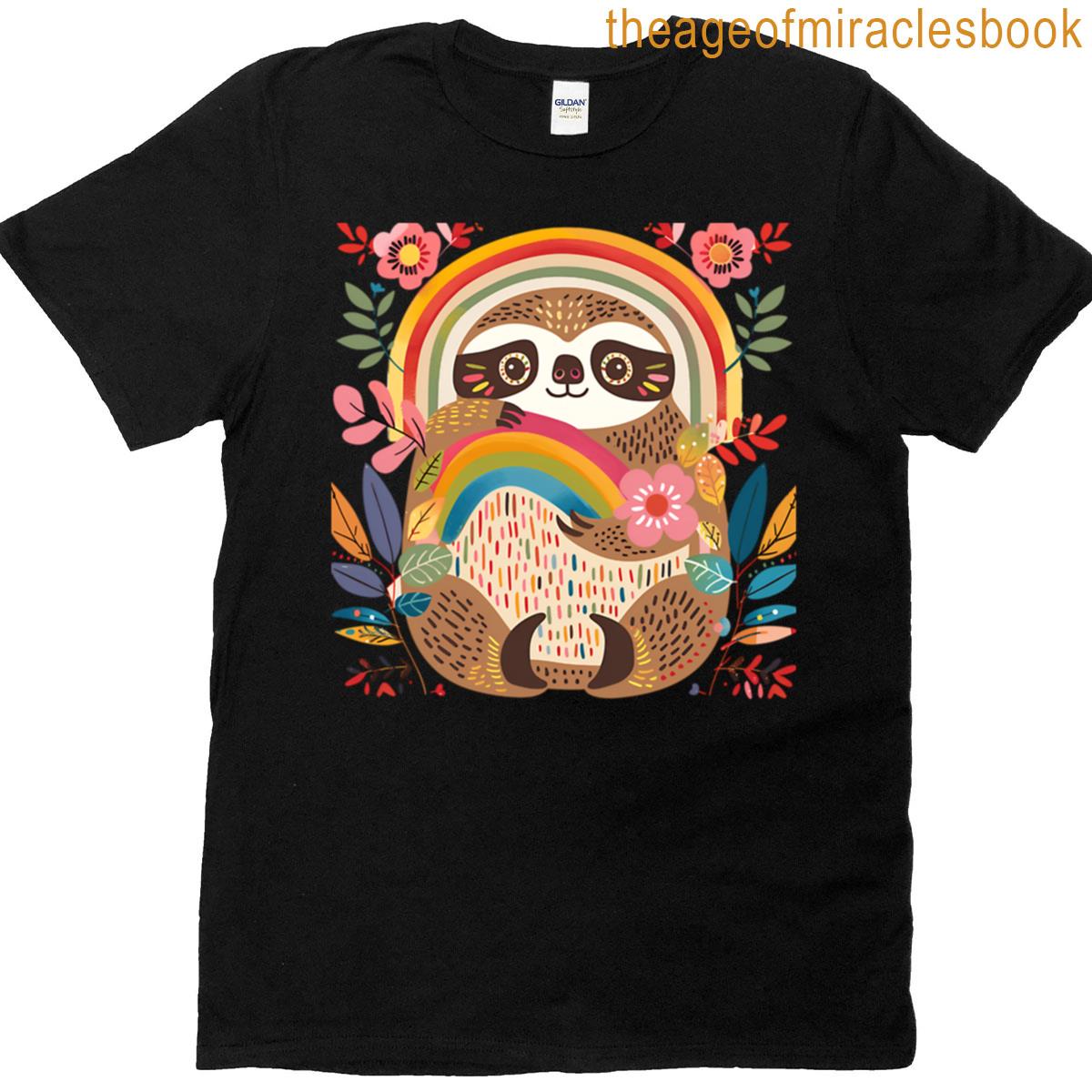 Rainbow Sloth With Flowers T-shirt