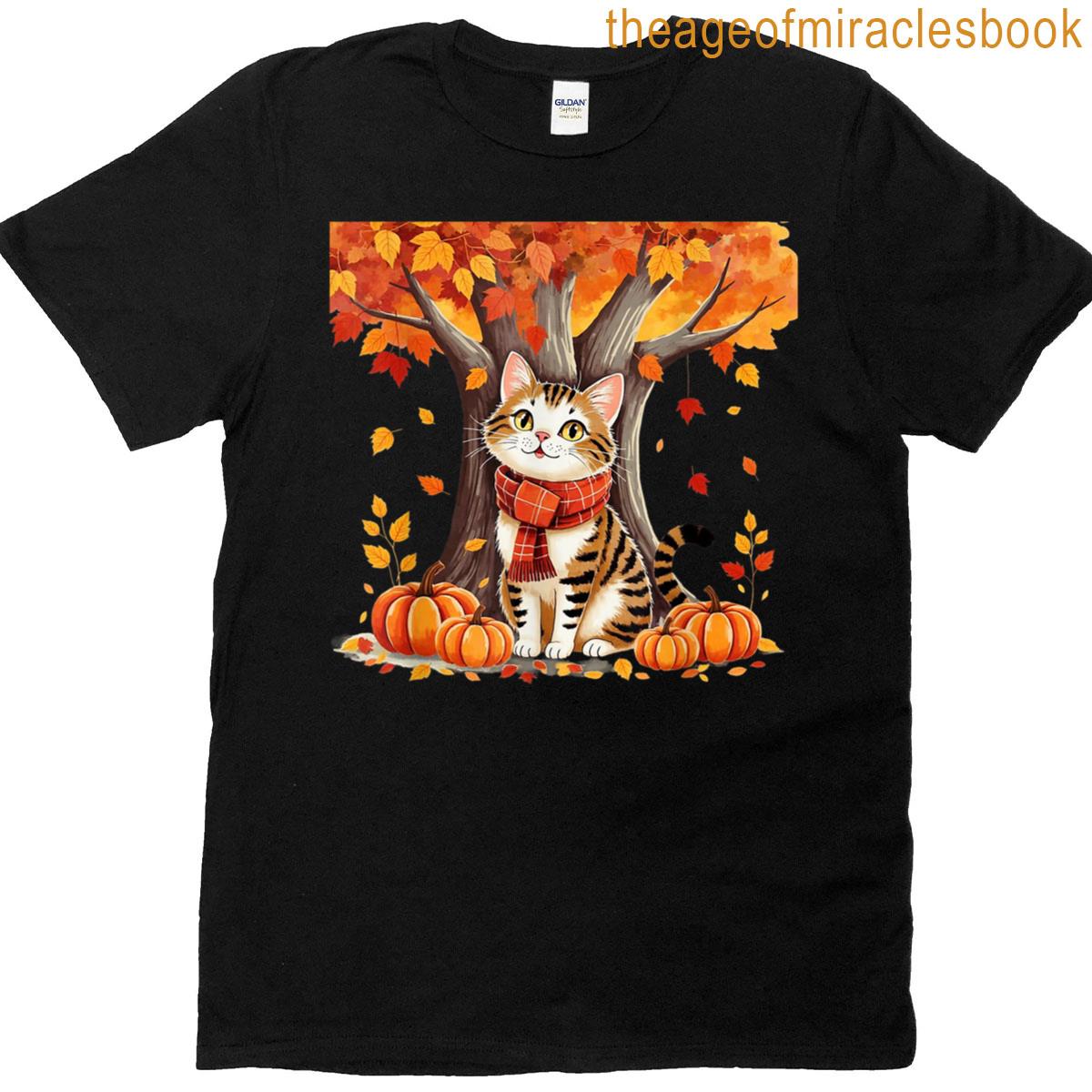 Cute Cat Leaf Fall Autumn For Cat Lovers T-shirt