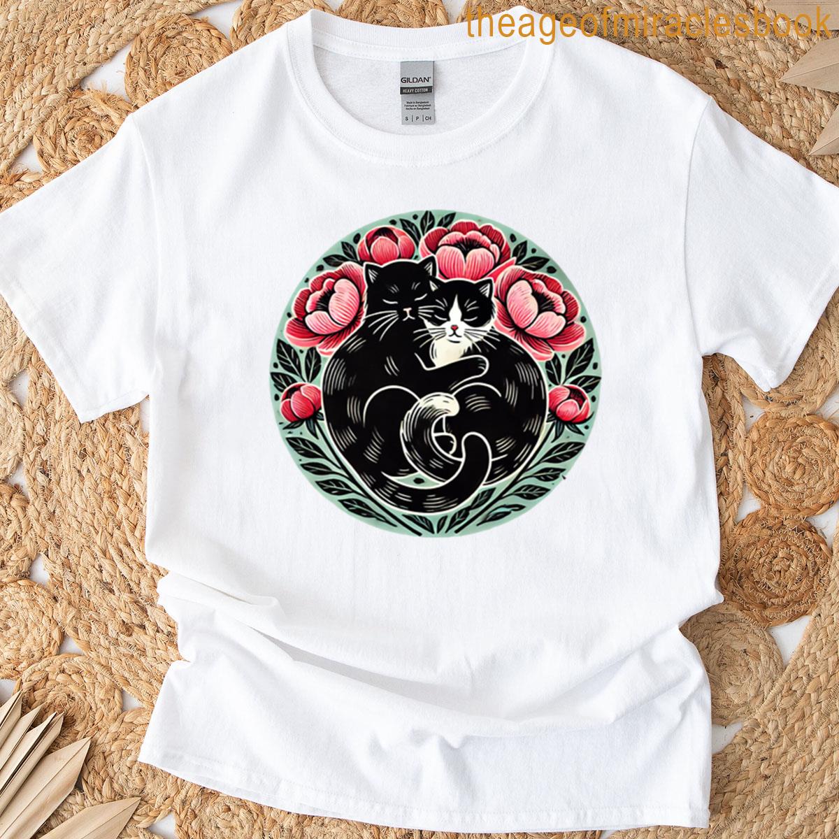 Snuggling Cats With Floral Frame Oversized T-shirt