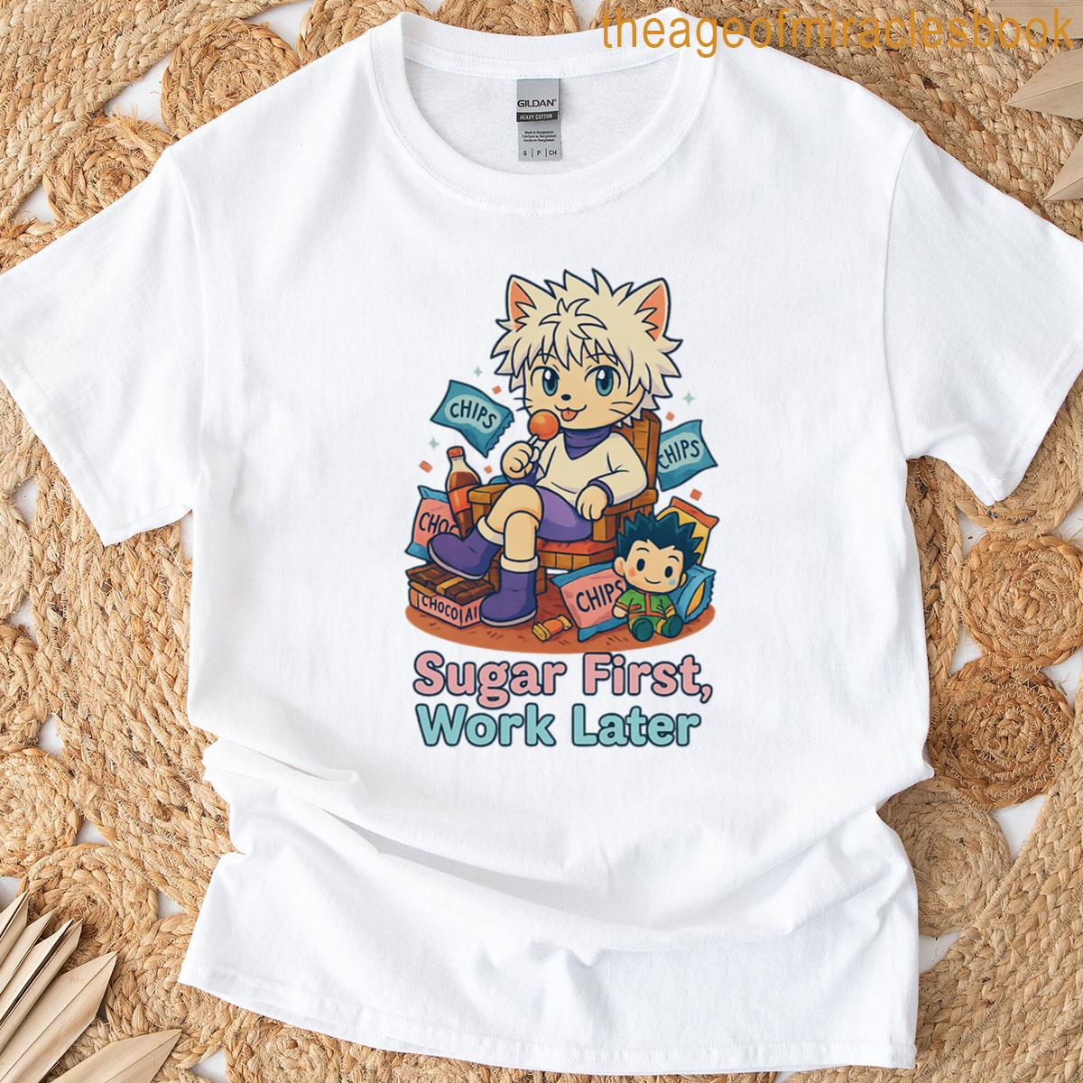 Sugar First Work Later Chibi Cat Killua Parody T-shirt