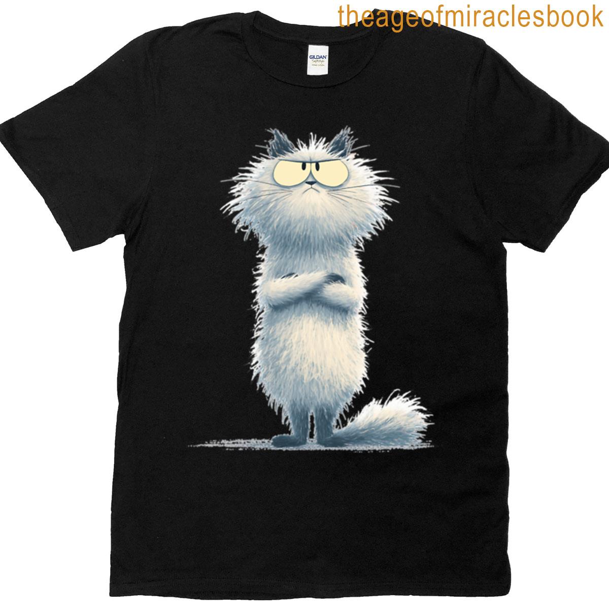 Grumpy Fluffy Cat Illustration Funny Minimalist T-shirt