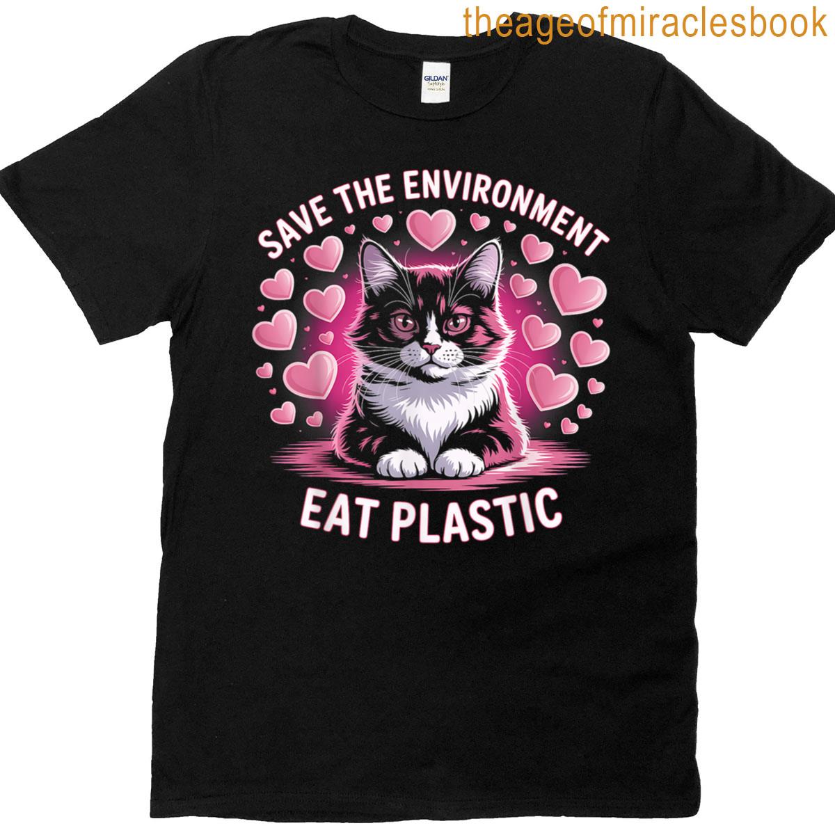 Save Environment Eat Plastic Funny Cat Sarcastic Meme T-shirt