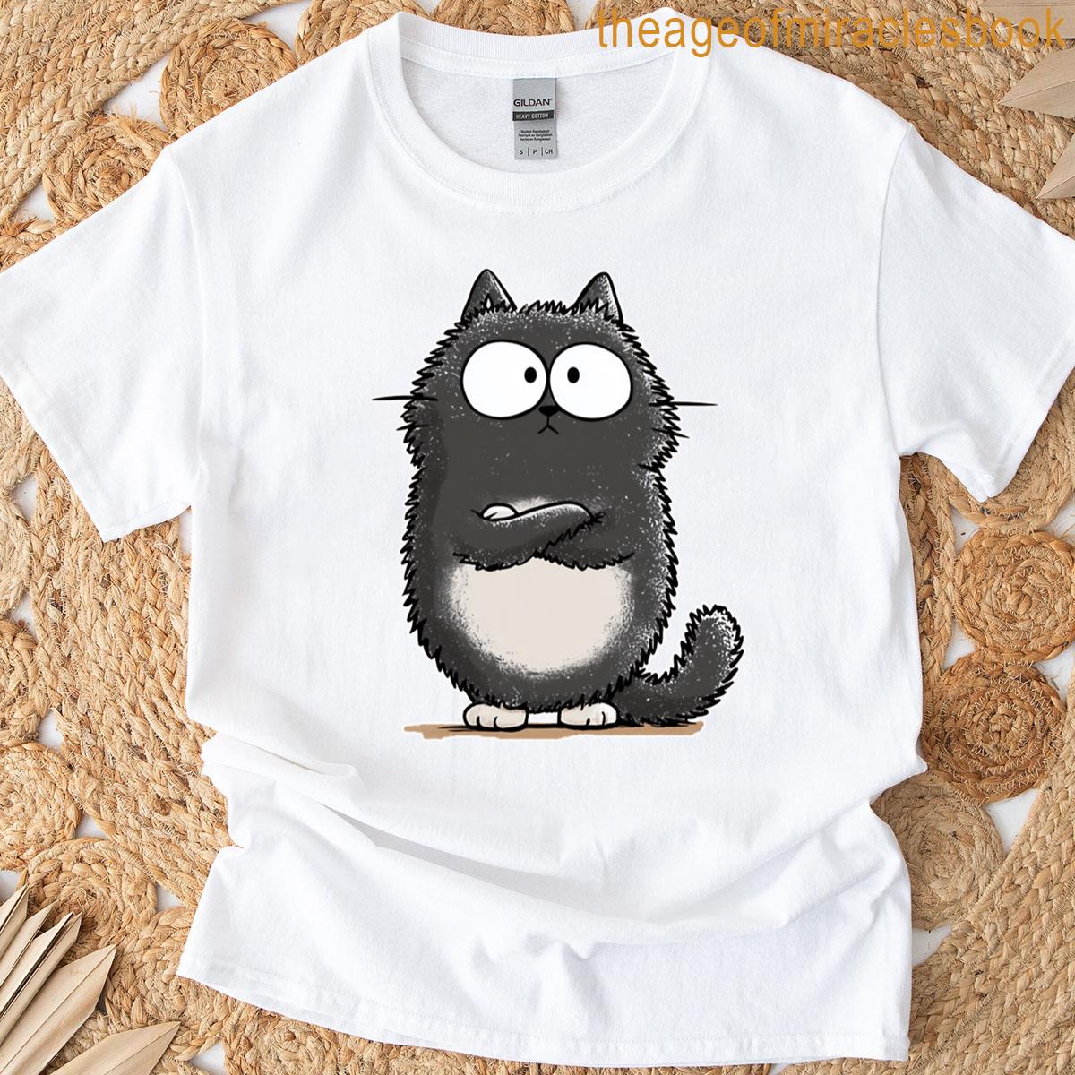 Grumpy Black Cat Cartoon Drawing T-shirt