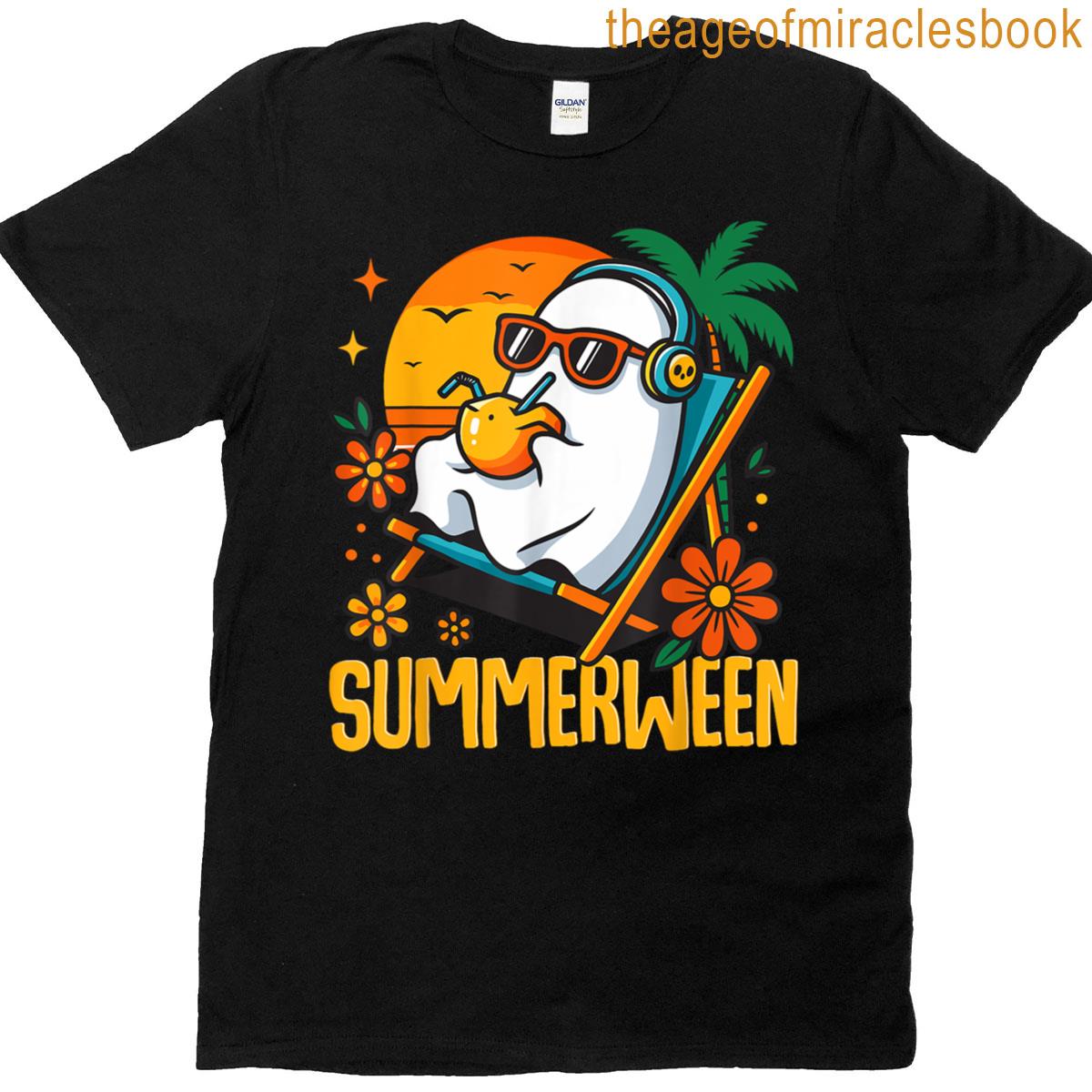 Summerween Funny Ghost Halloween Summer Beach Vibes Tee T-shirt