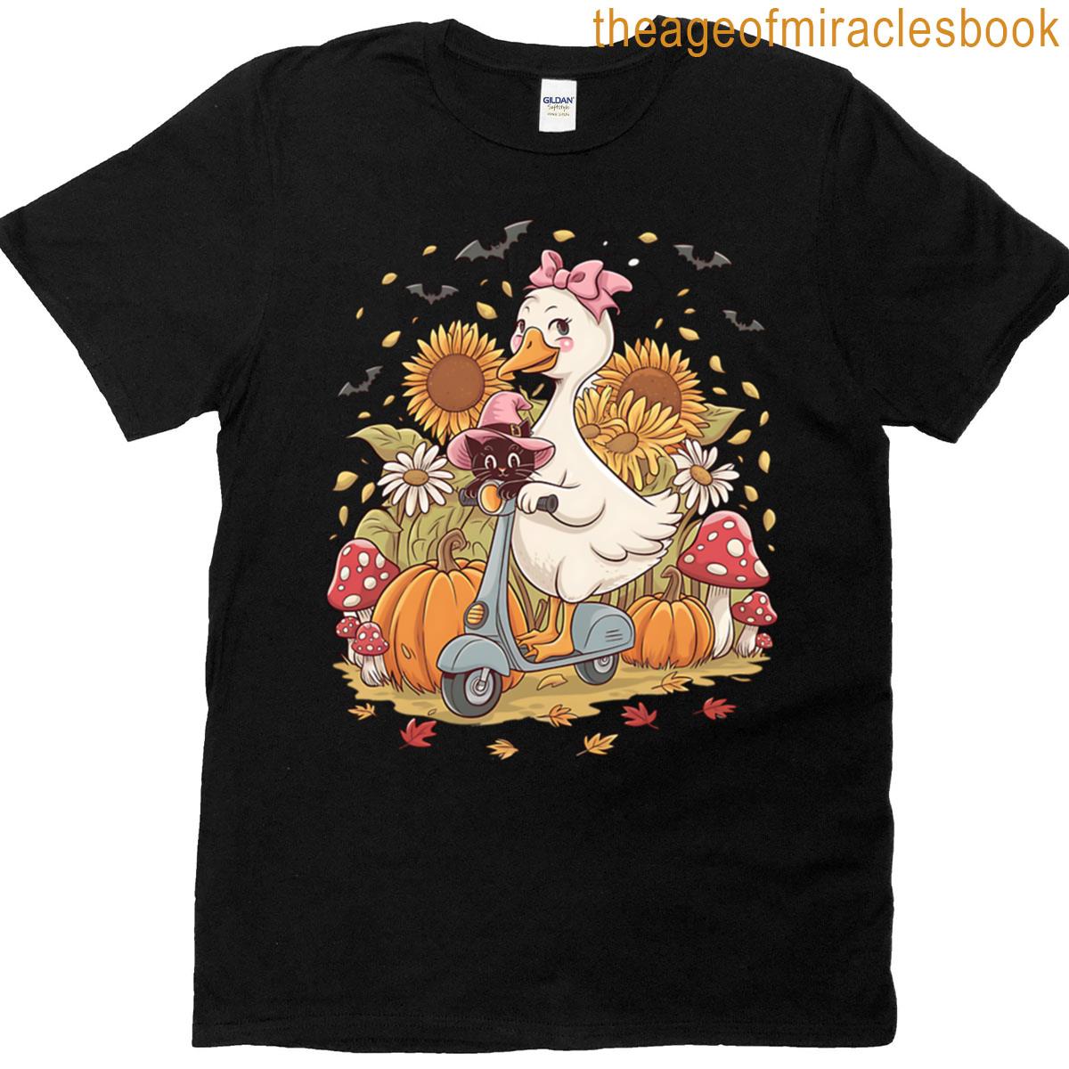 Goose And Witch Cat Fall Scooter Ride T-shirt