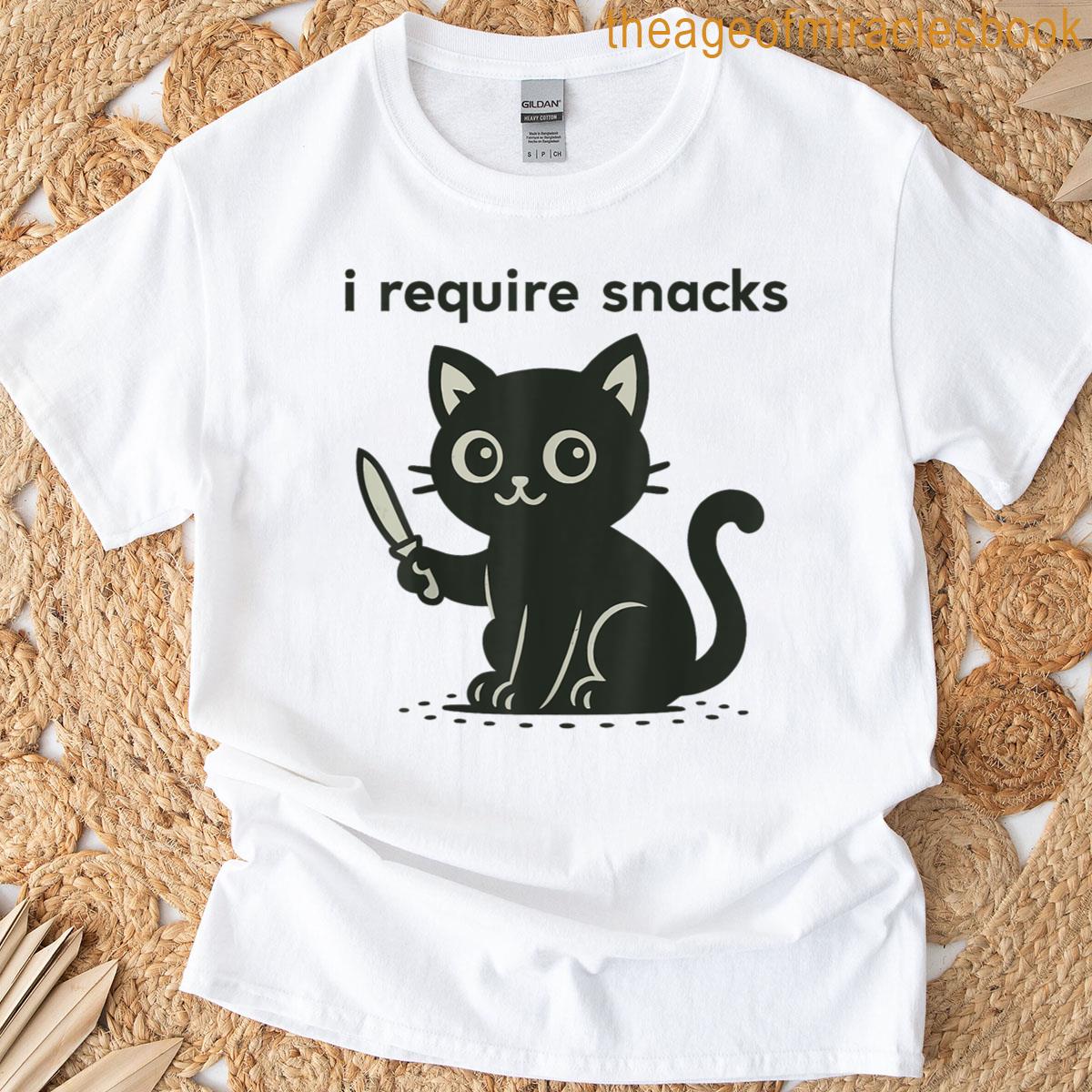 Funny Black Cat I Require Snacks Cute Threat Meme T-shirt