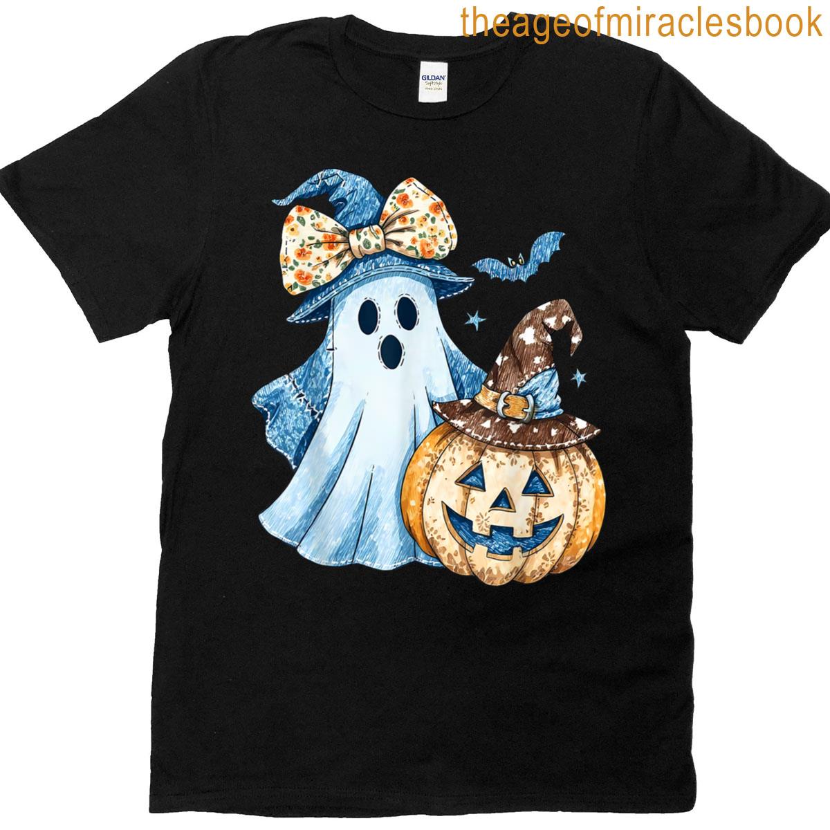 Retro Halloween Blue Denim Ghost Pumpkin Patchwork Spooky T-shirt