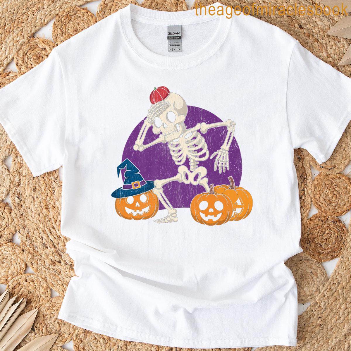 Funny Skeleton With Three Pumpkins Halloween Premium T-shirt