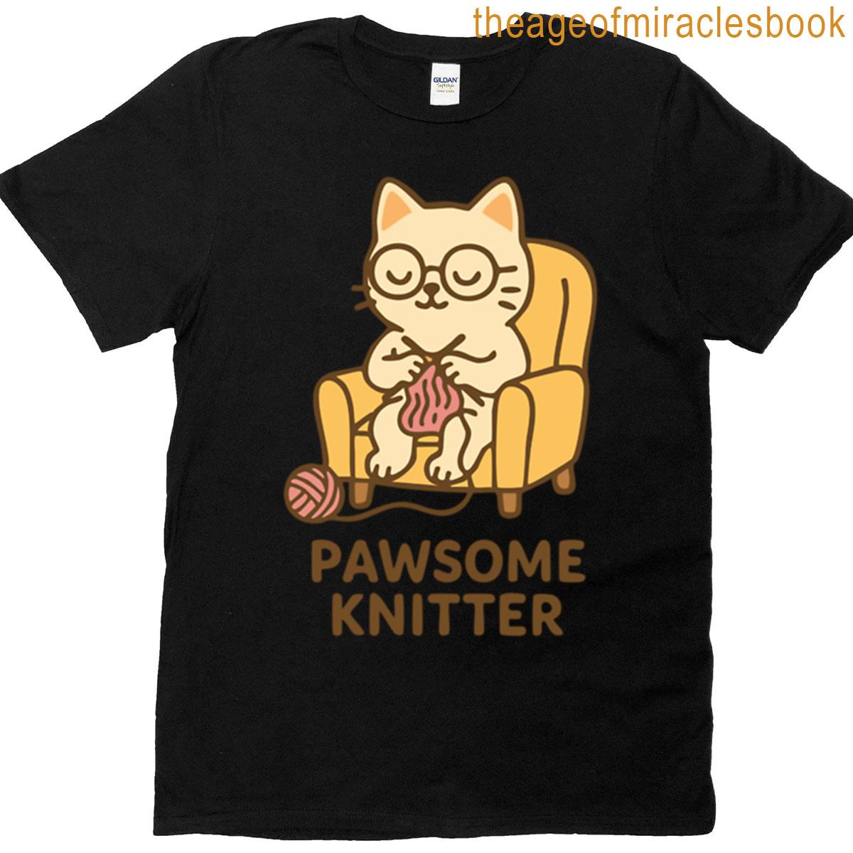 Pawsome Knitter Cat Illustration T-shirt