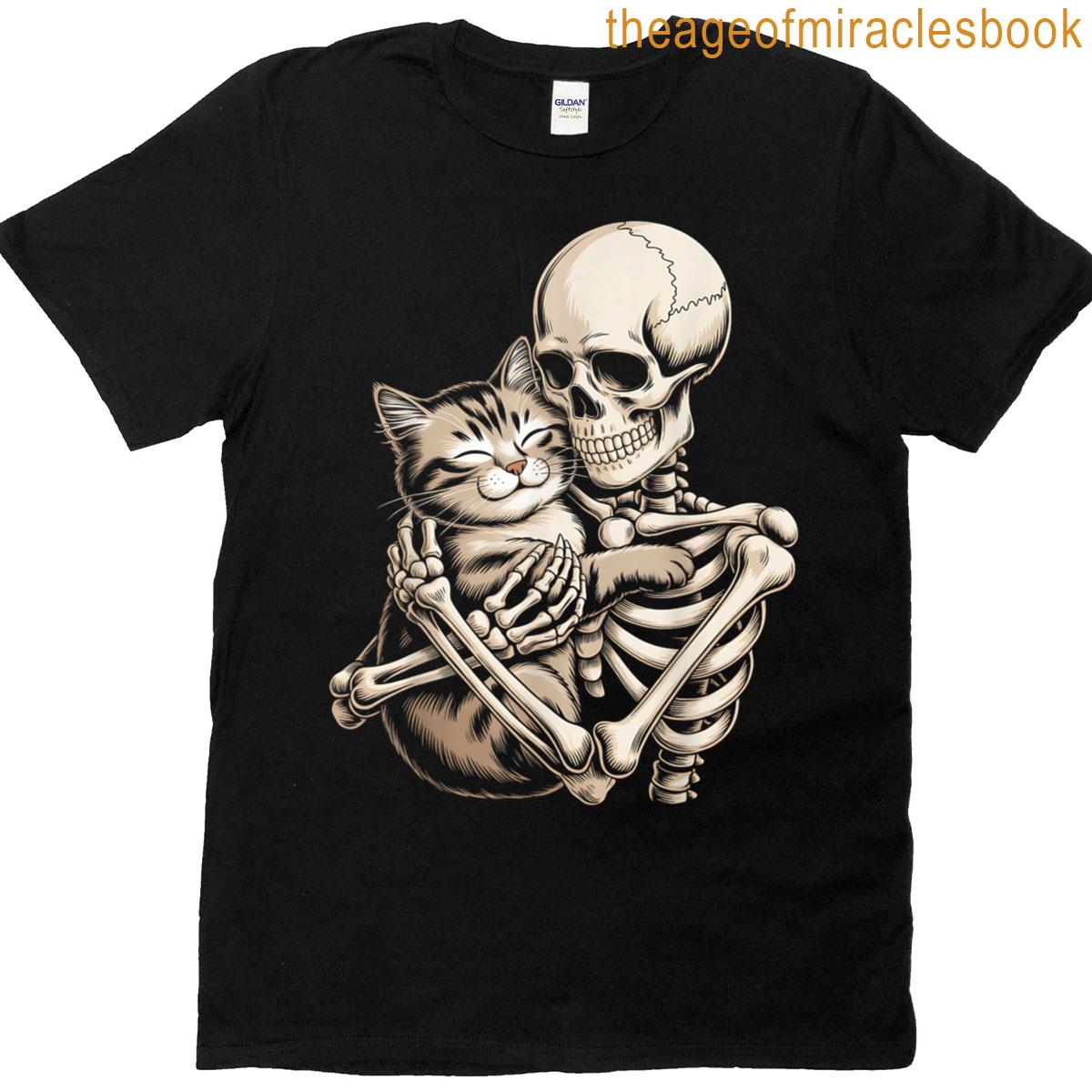 Skeleton Hugging Cat Halloween For Cat Lovers T-shirt