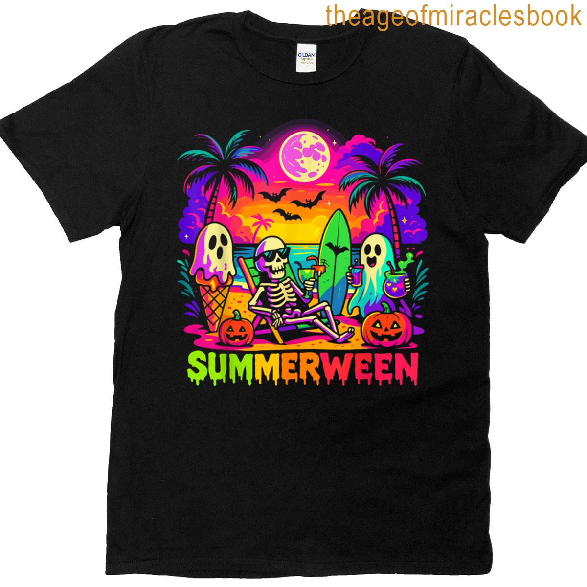 Summer Halloween Skeleton Ghost Beach Spooky Summerween T-shirt