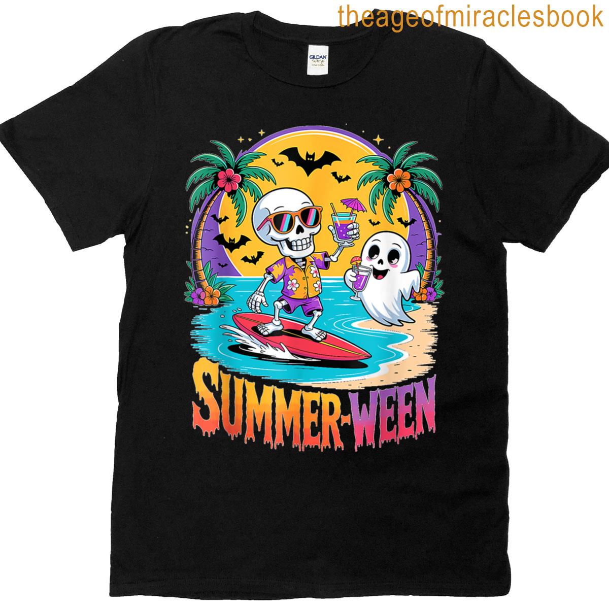 Summerween Skeleton Ghost Beach Funny Spooky Halloween T-shirt