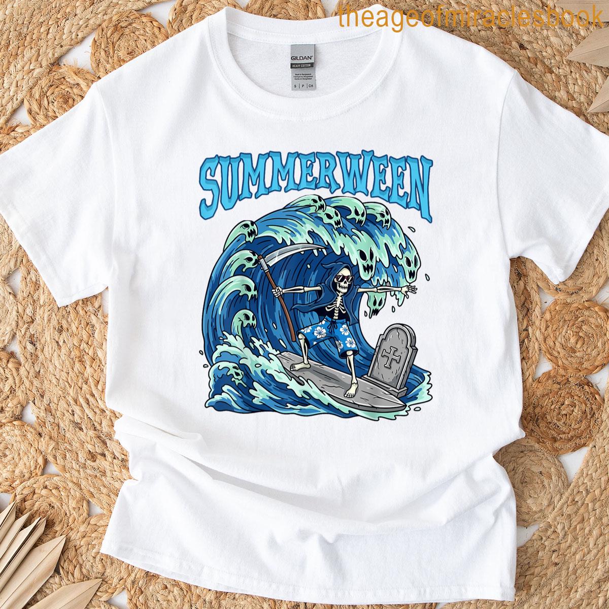 Summerween Skeleton Surf Grim Reaper Beach Spooky Halloween T-shirt