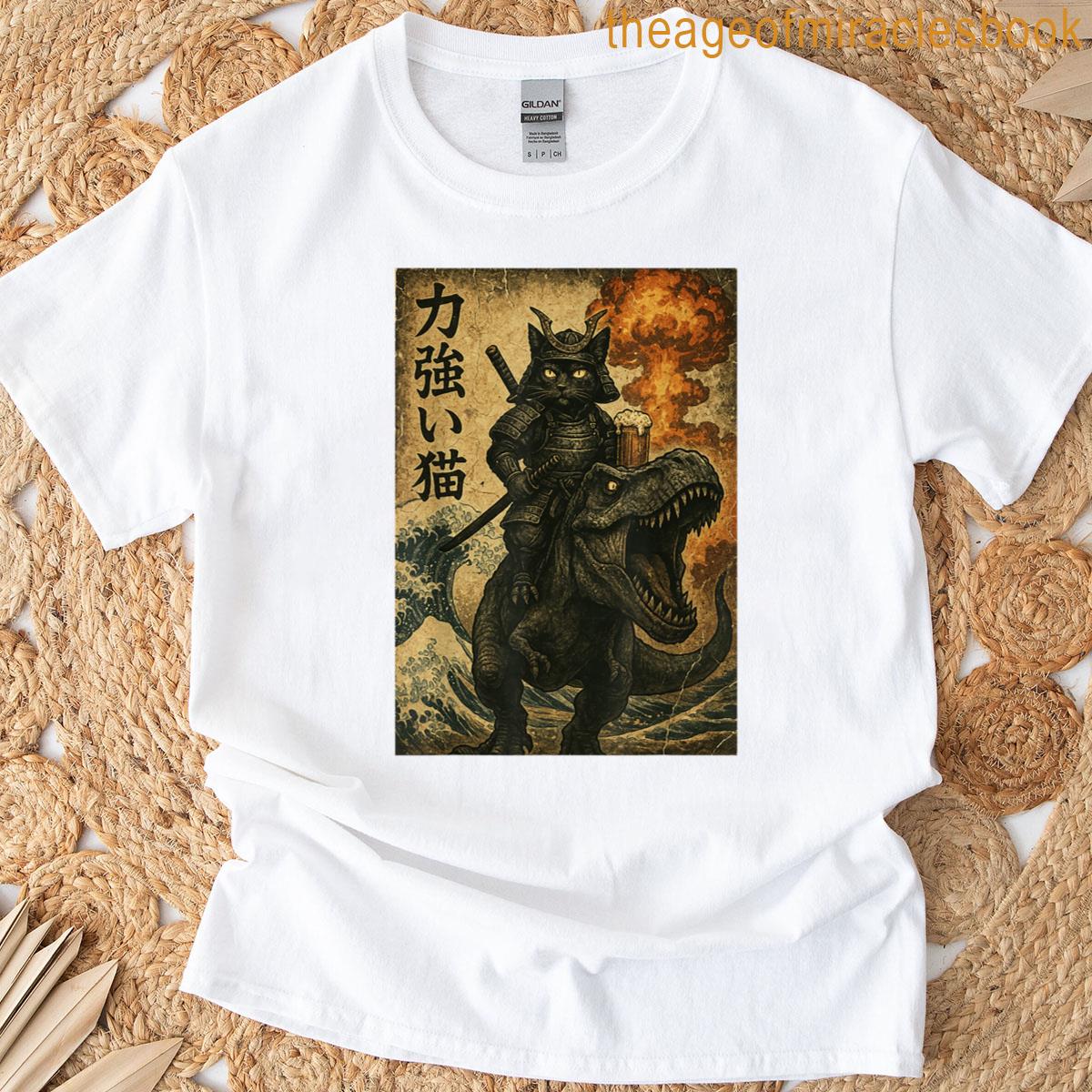 Black Cat Samurai Dinosaur Sea Wave T-shirt