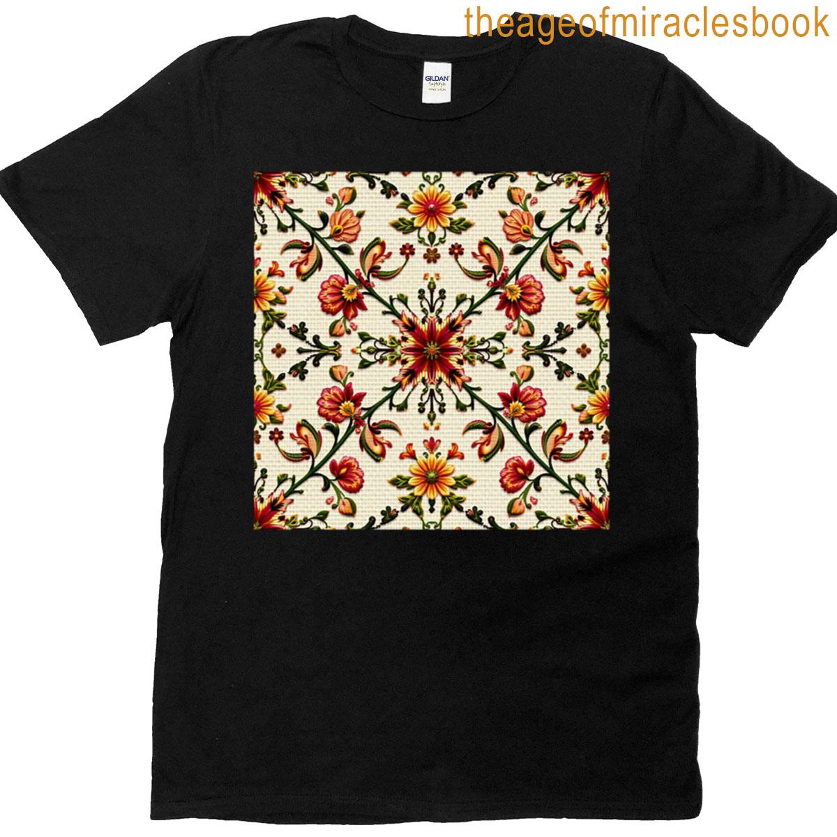 Boho Ethnic Floral Embroidery Seamless Pattern T-shirt