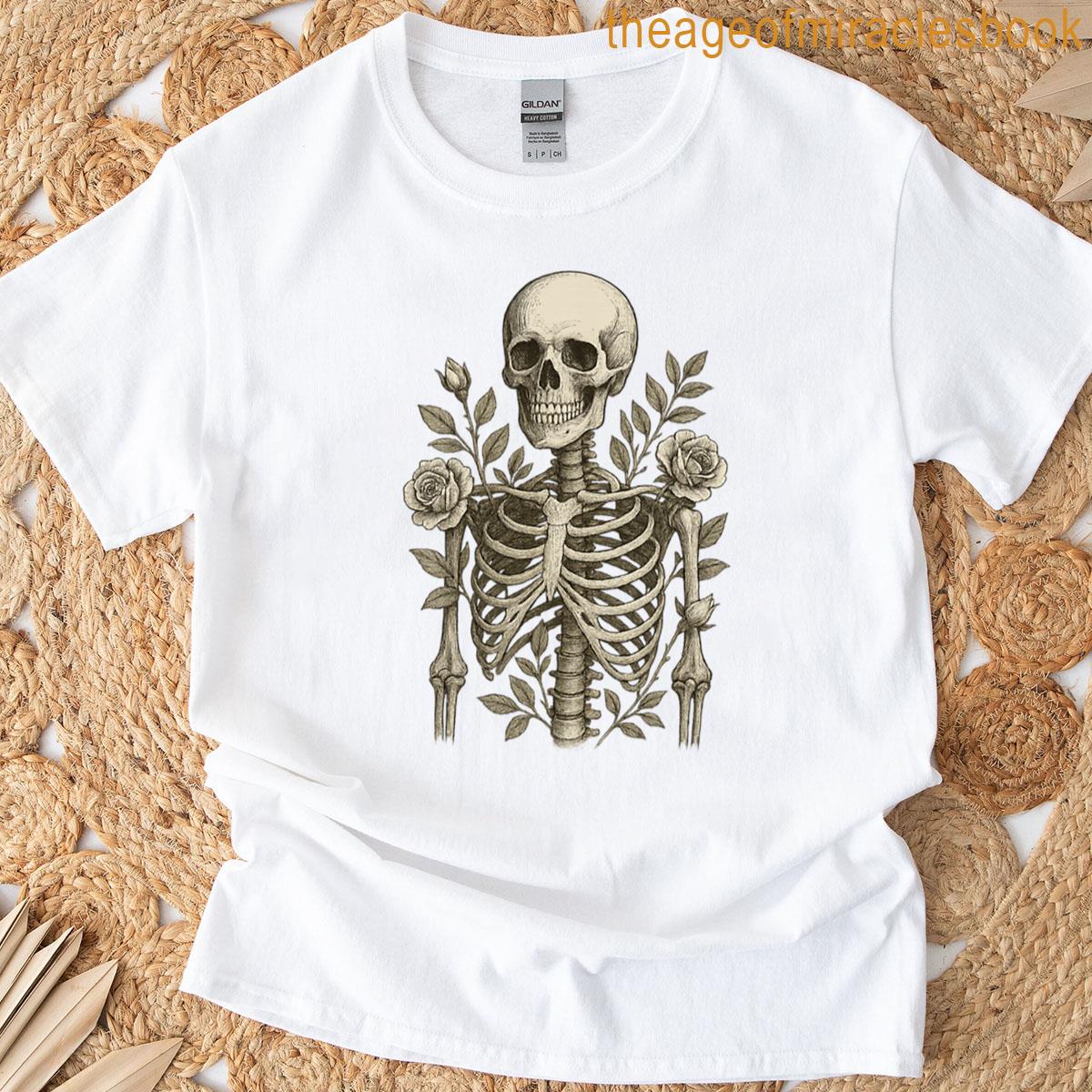 Bones Botany Vintage Skeleton With Roses Illustration T-shirt