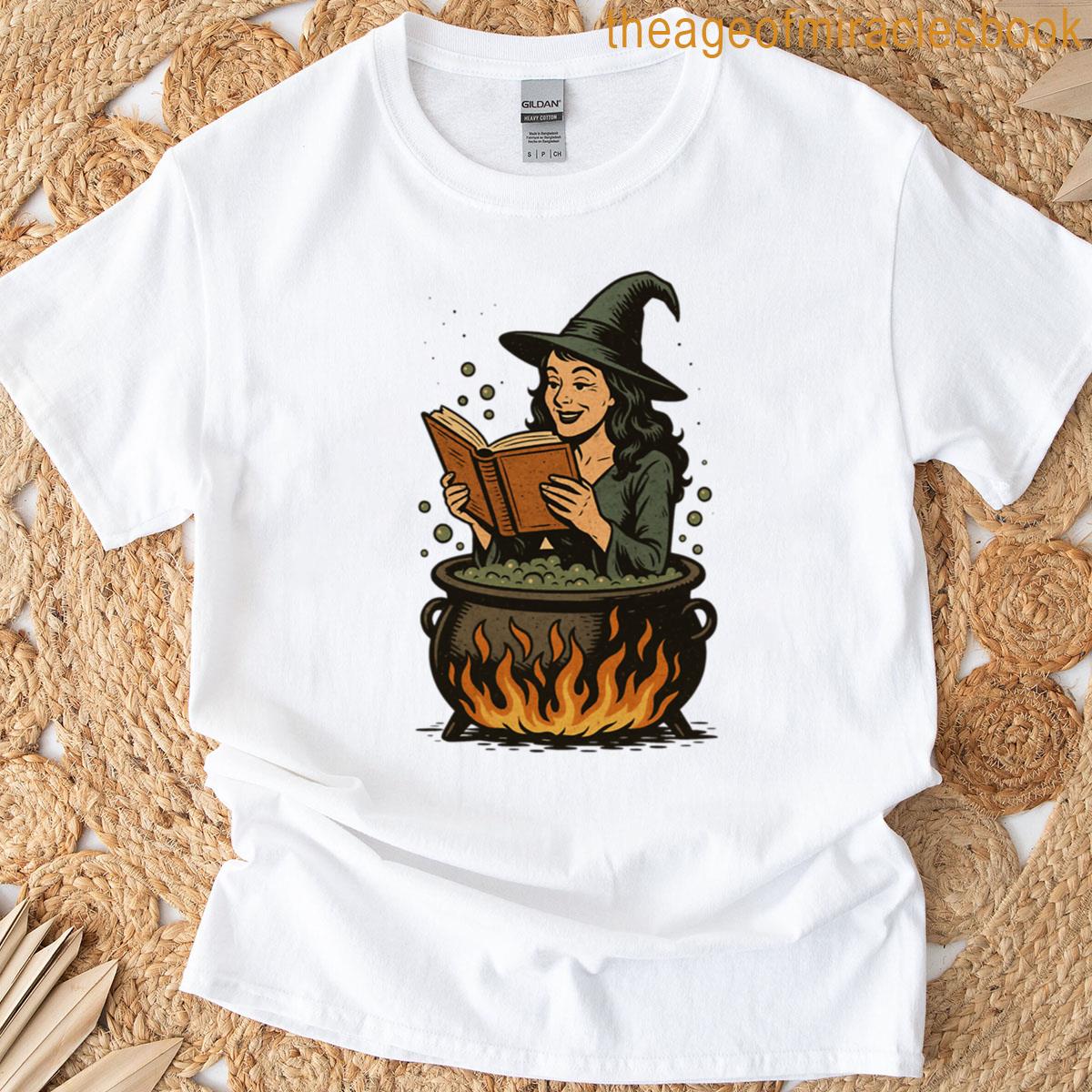Vintage Comic Witch Reading In Cauldron T-shirt