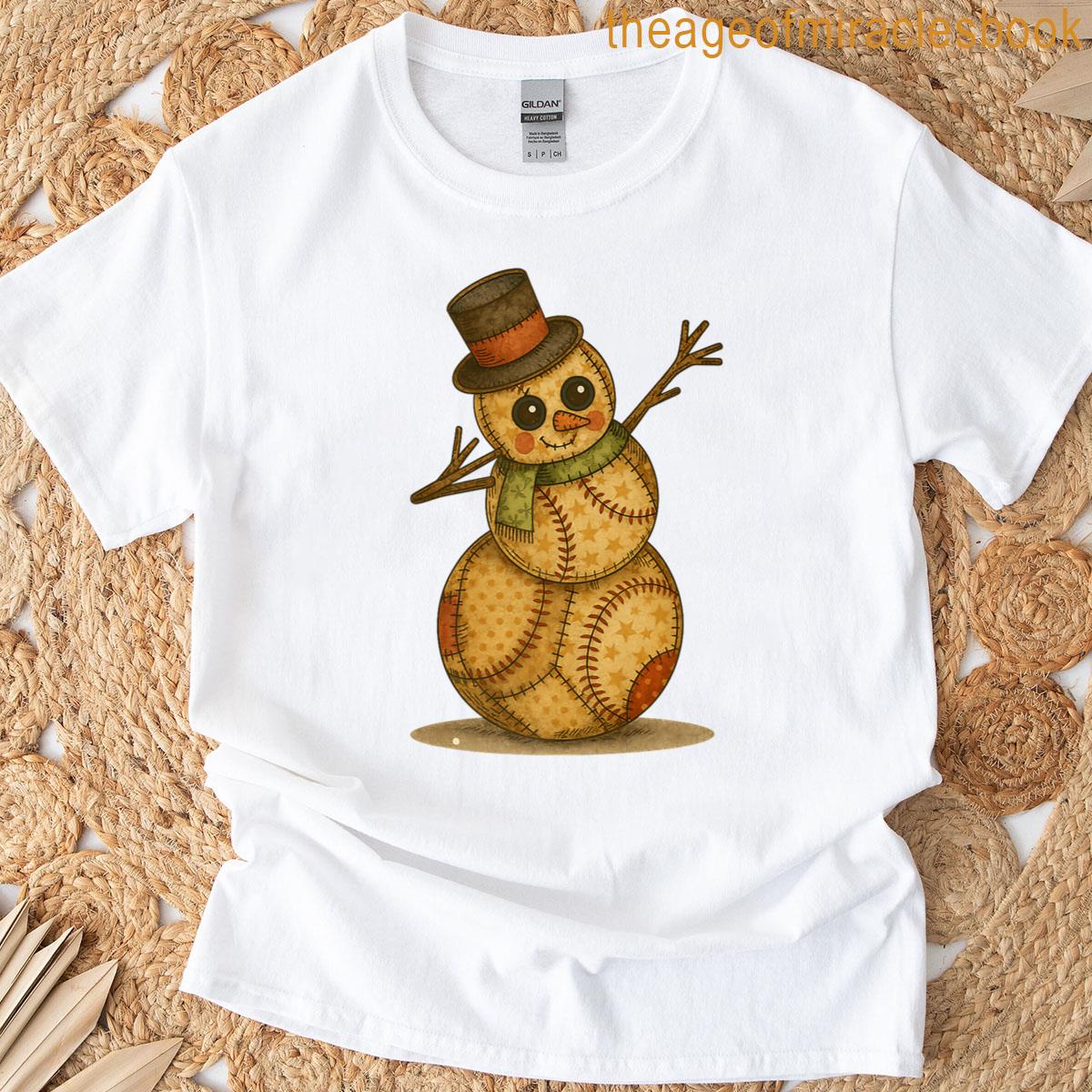 Baseball Snowman Patchwork Christmas Folk Art Premium T-shirt