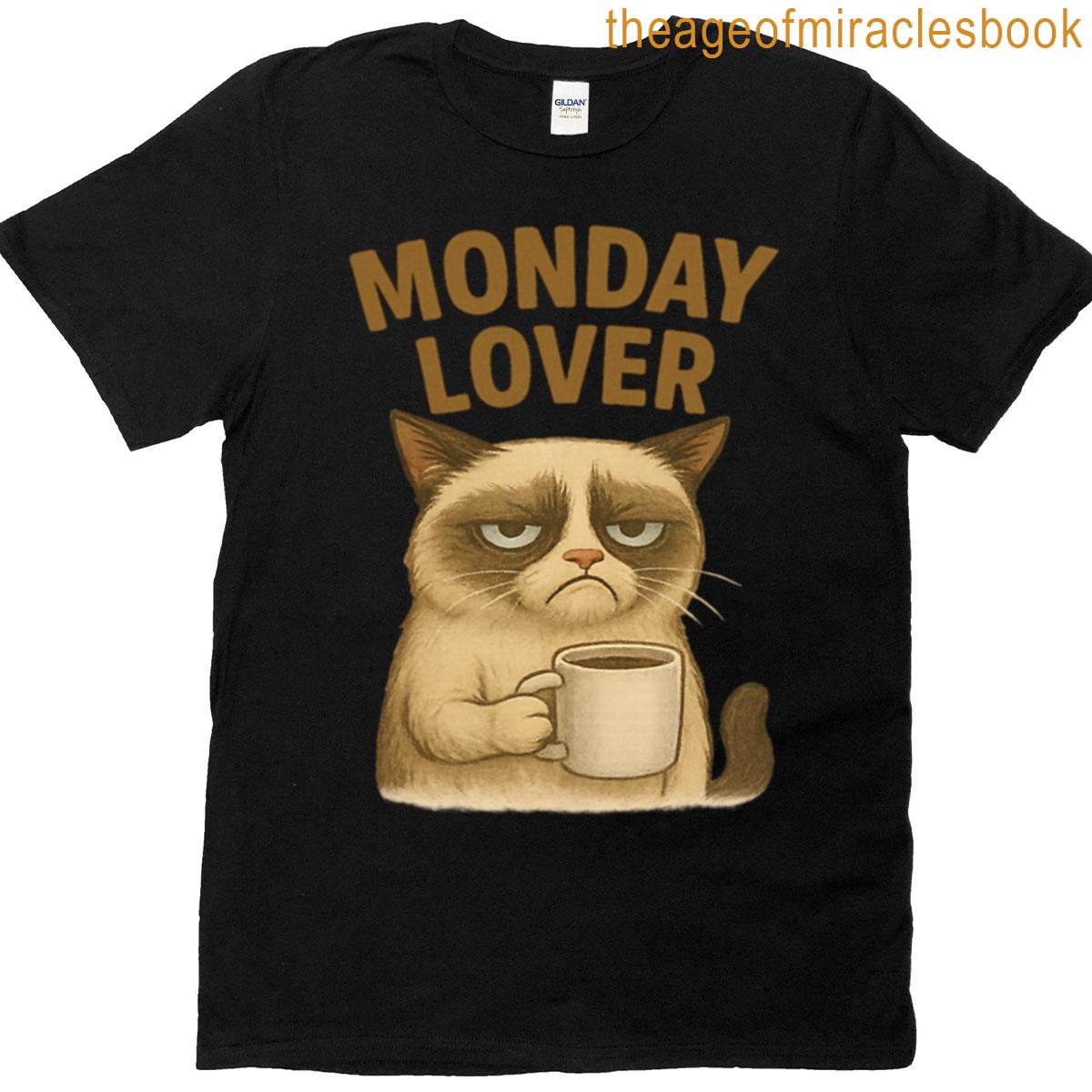 Monday Lover Funny Grumpy Cat Coffee Meme Design T-shirt