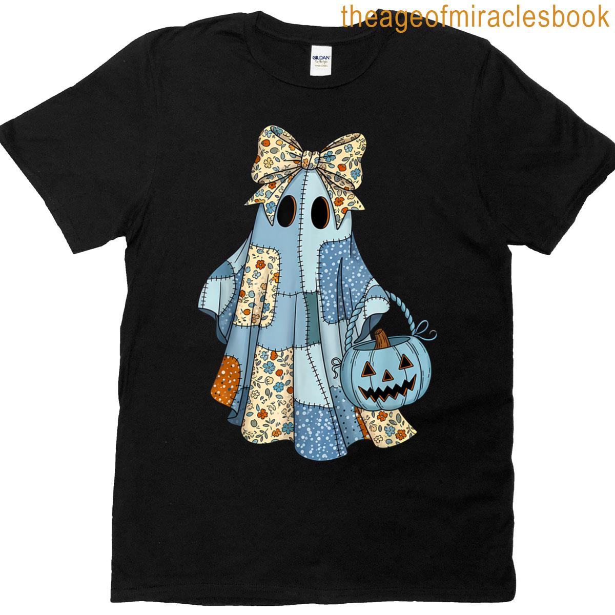 Retro Halloween Blue Denim Ghost Patchwork Spooky Ghost Bow T-shirt