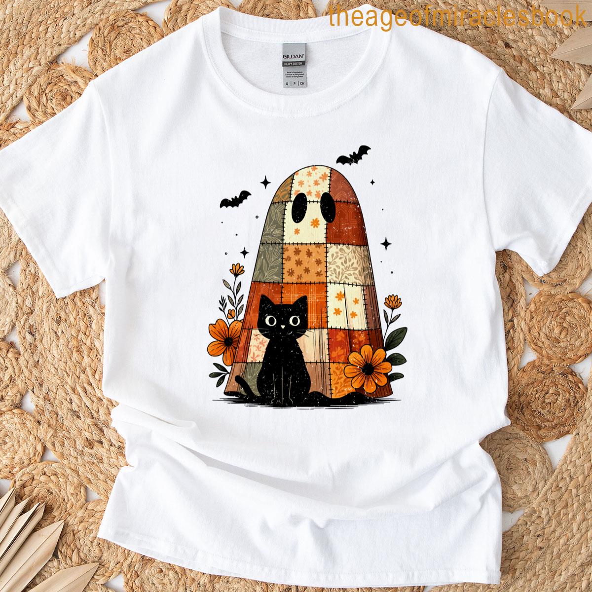 Patchwork Ghost Black Cat Halloween Fall Retro T-shirt