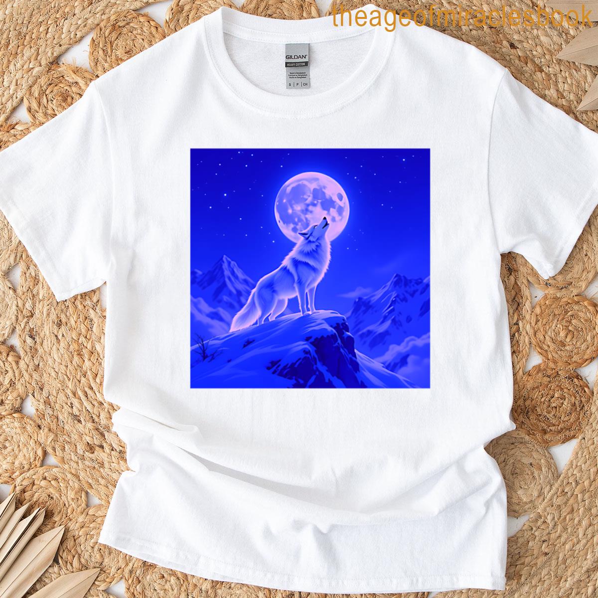 Snow Wolf Howling On Mountain With Full Moon T-shirt