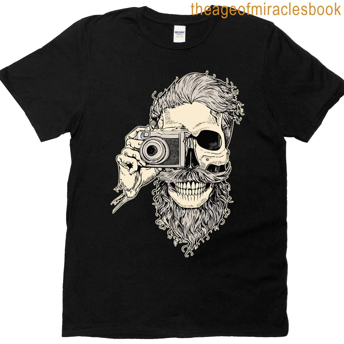 Skull With Beard And Camera Black White Sketch T-shirt