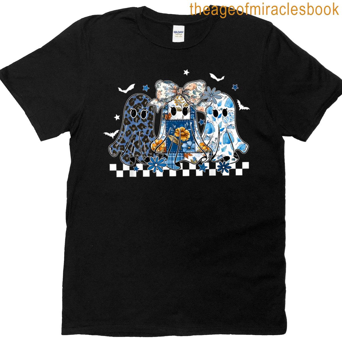 Retro Halloween Blue Denim Ghost Patchwork Spooky Ghost T-shirt