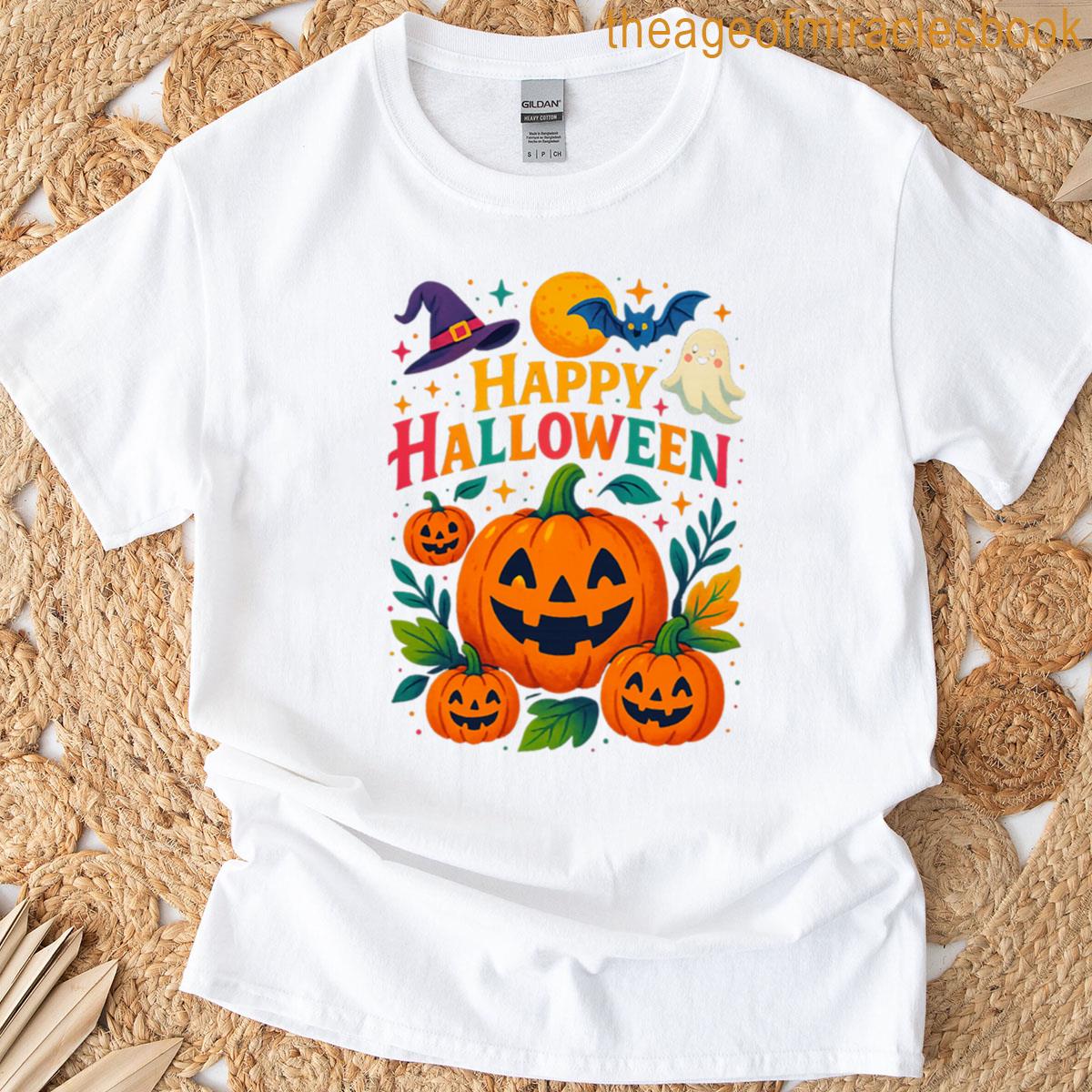Happy Halloween Cute Pumpkins Ghost Bat Design T-shirt