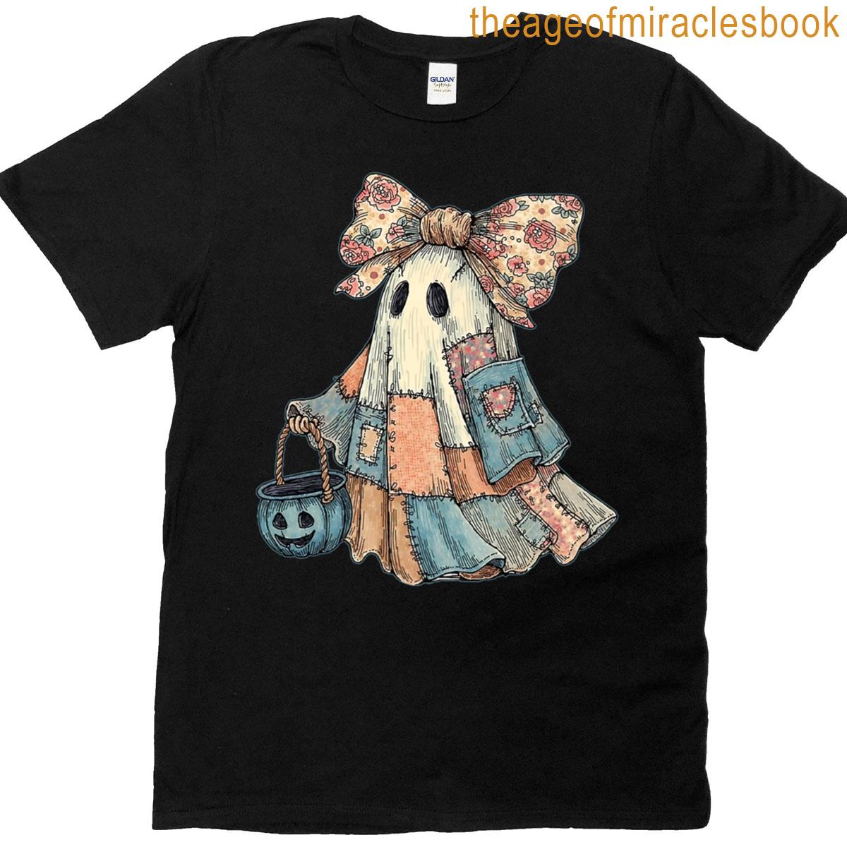 Retro Halloween Blue Denim Ghost Patchwork Spooky Ghost Bow Premium T-shirt