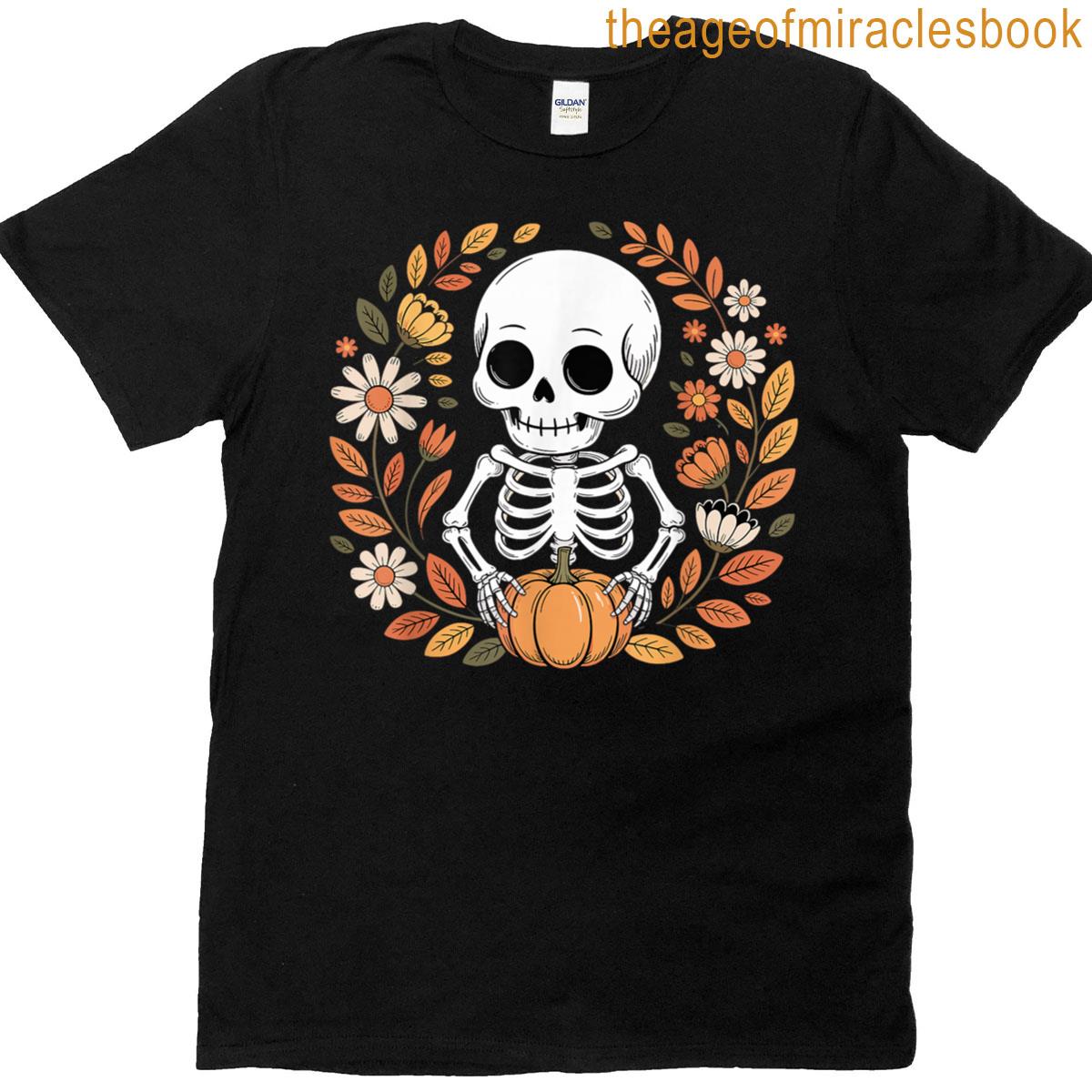 Halloween Fall Autumn Skeleton Floral Pumpkin T-shirt