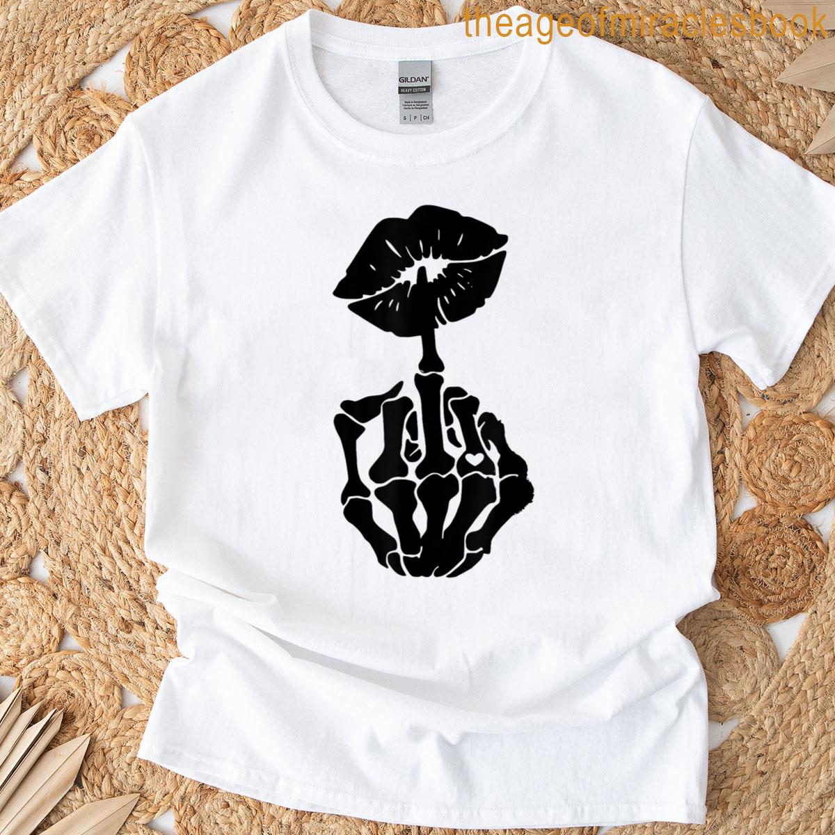 Halloween Retro Skeleton Hand Middle Finger Lips Funny T-shirt