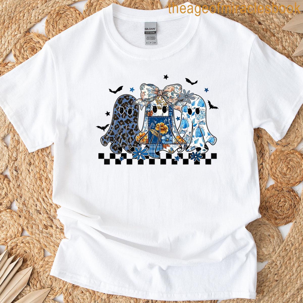 Preppy Girly Coquette Bow Patchwork Ghost Fall Halloween T-shirt