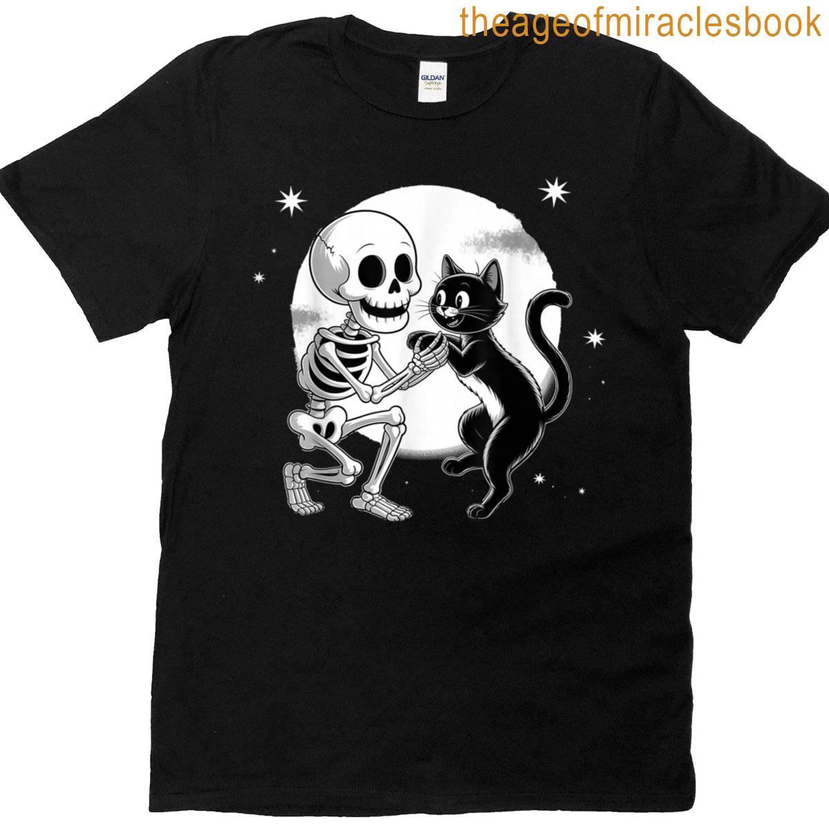 Skeleton Hugging Black Cat Under Full Moon Halloween T-shirt