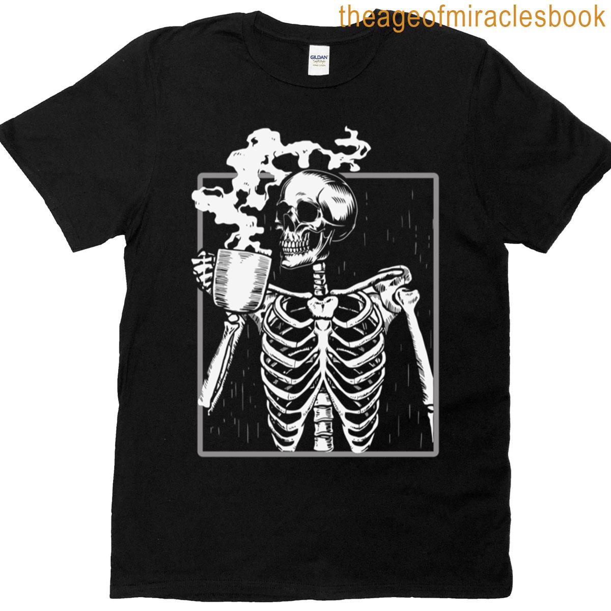 Skeleton Skull Drinking Coffee Funny Halloween T-shirt