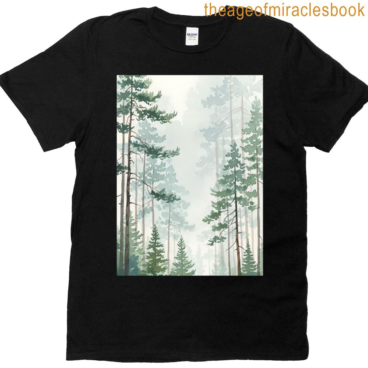 Soft Watercolor Tall Pine Trees Fading Into Mist T-shirt