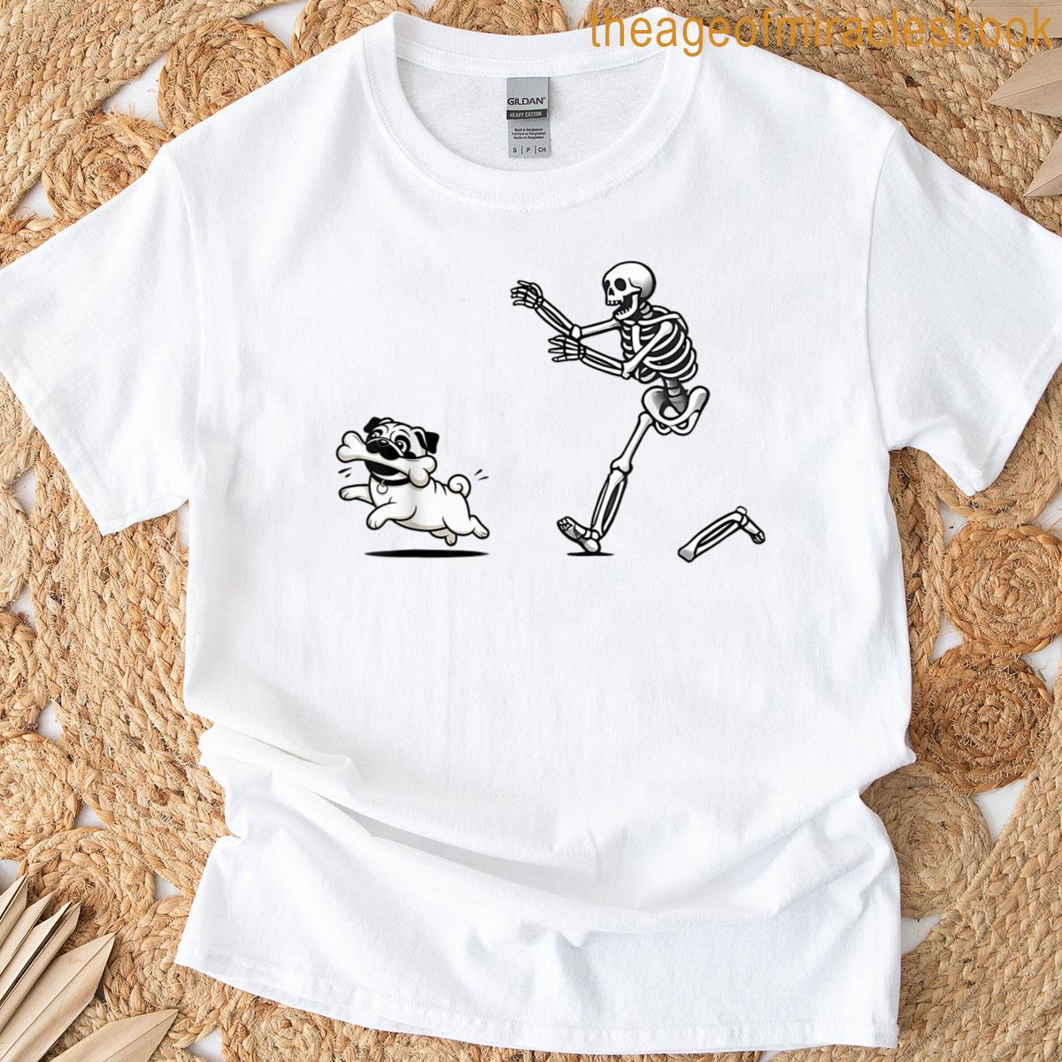 Funny Pug Dog Steals Bone From Skeleton Design T-shirt