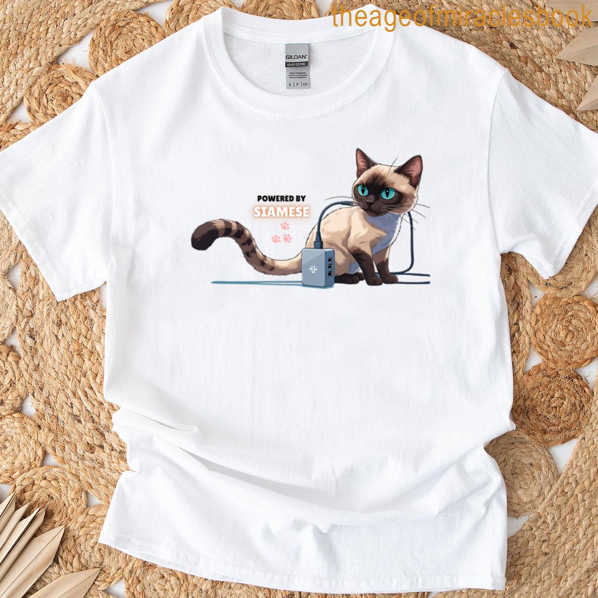 Powered By Siamese Cute Funny Cartoon Design T-shirt