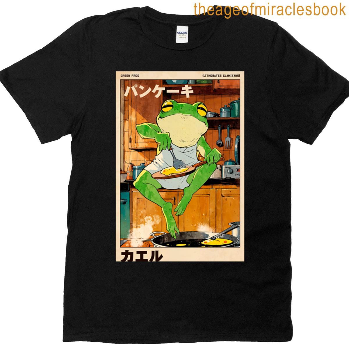 Green Frog Making Pancakes Retro Poster T-shirt
