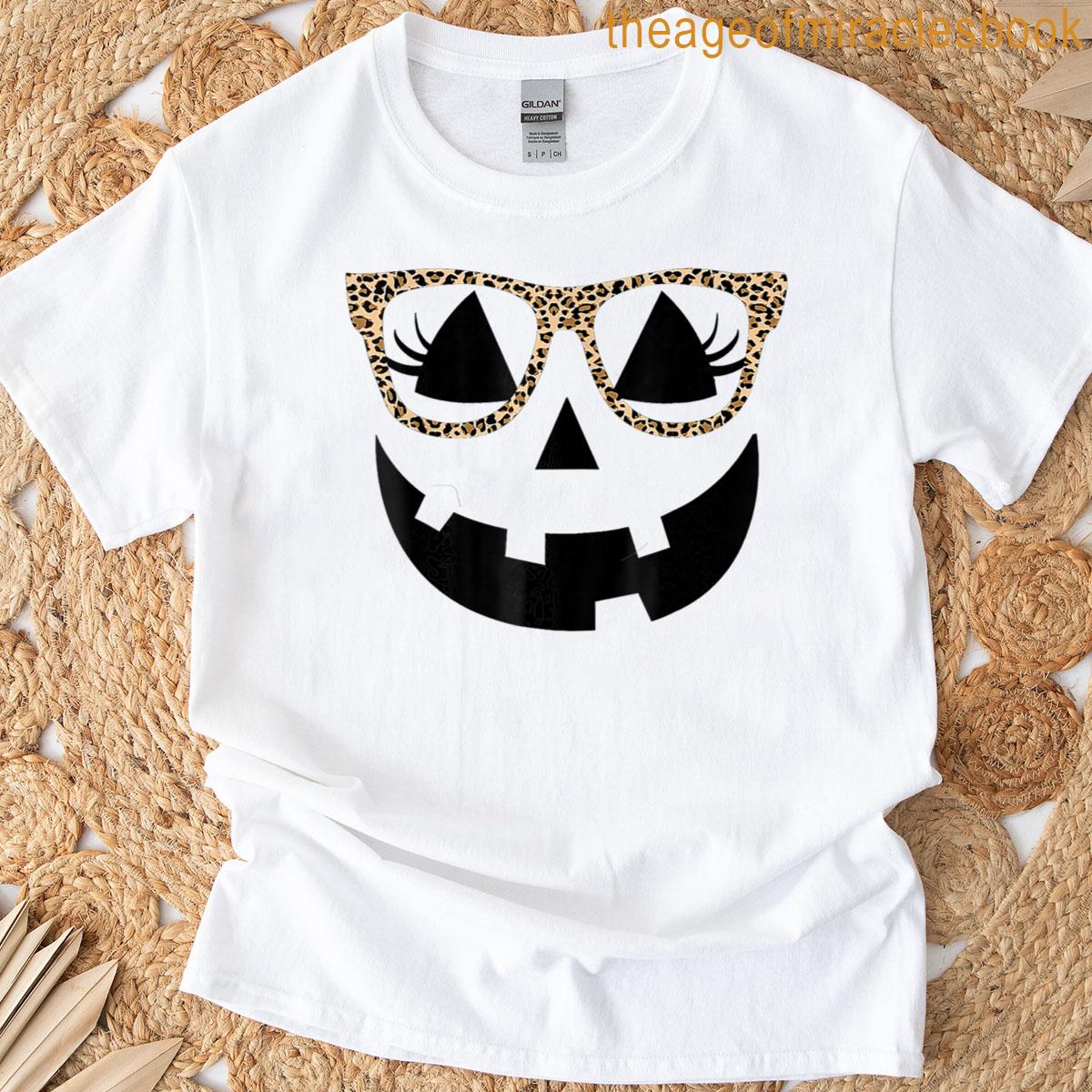 Jack O Lantern Face Pumpkin Hallowen Leopard Glasses T-shirt