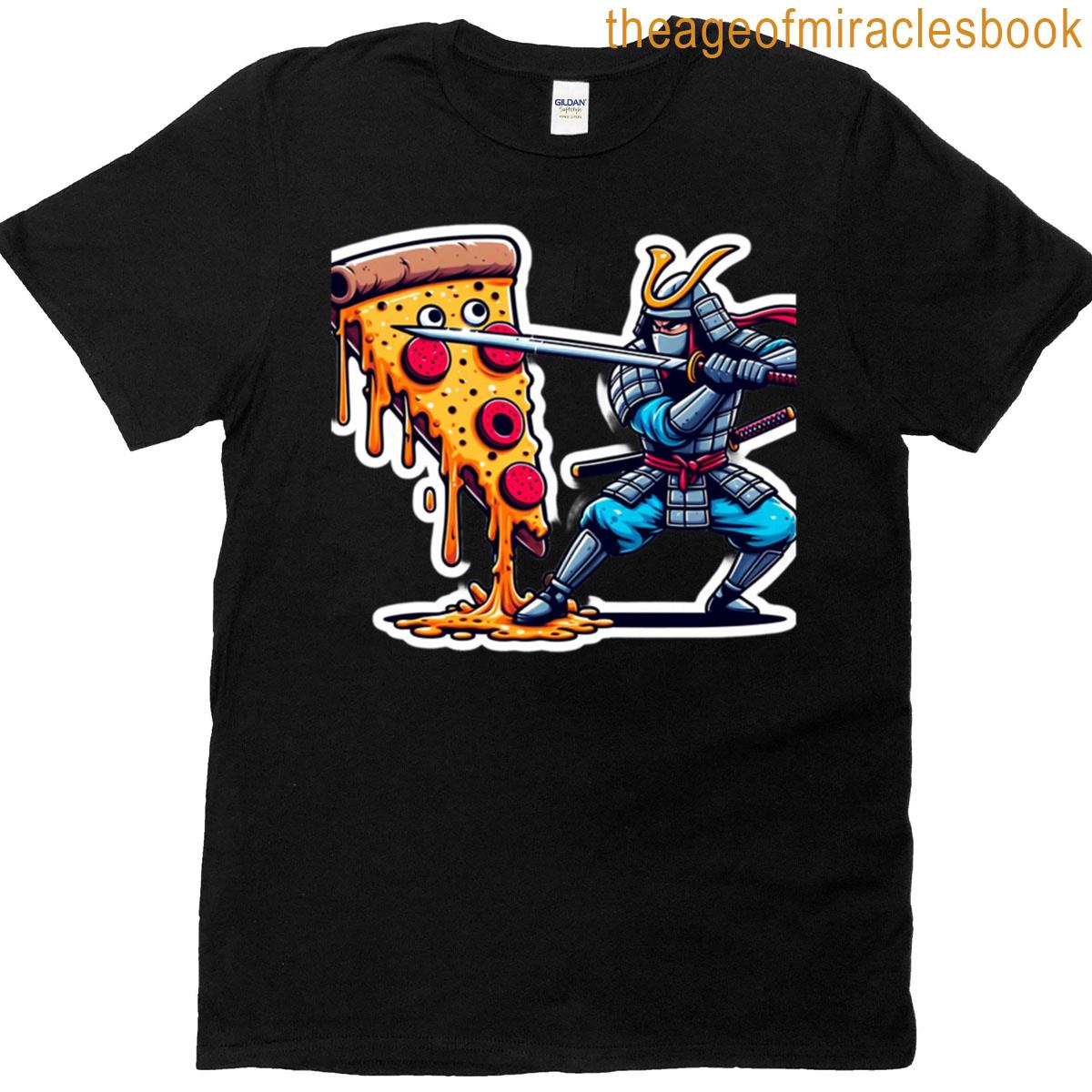 Samurai Vs Pizza Slice Vaporwave Art T-shirt