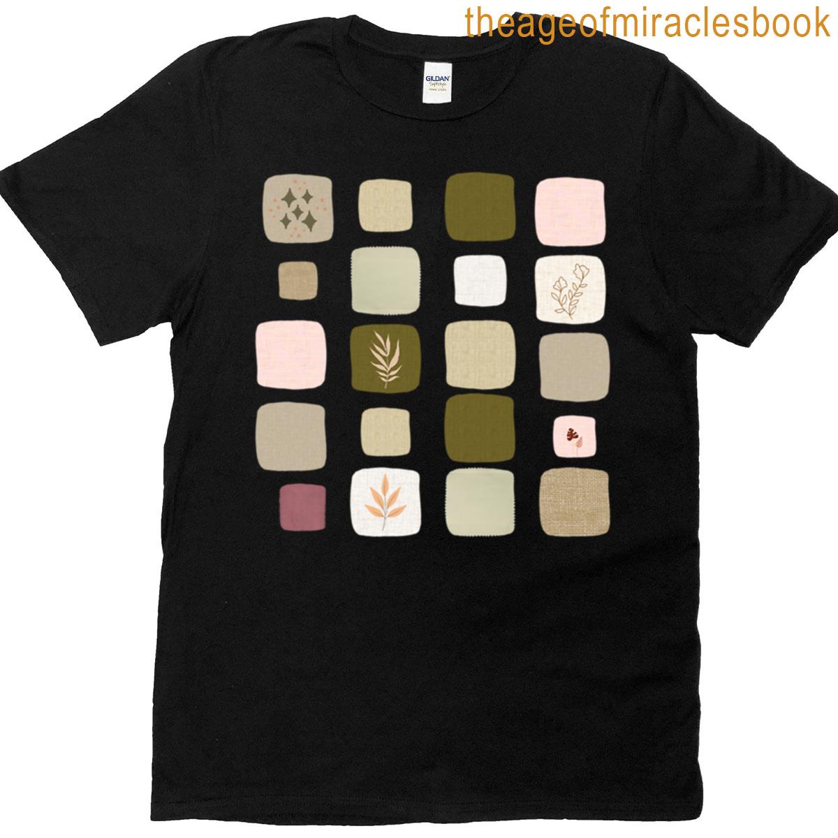 Textured Fabric Patchwork Pattern Earthy Tones Botanical Accents T-shirt