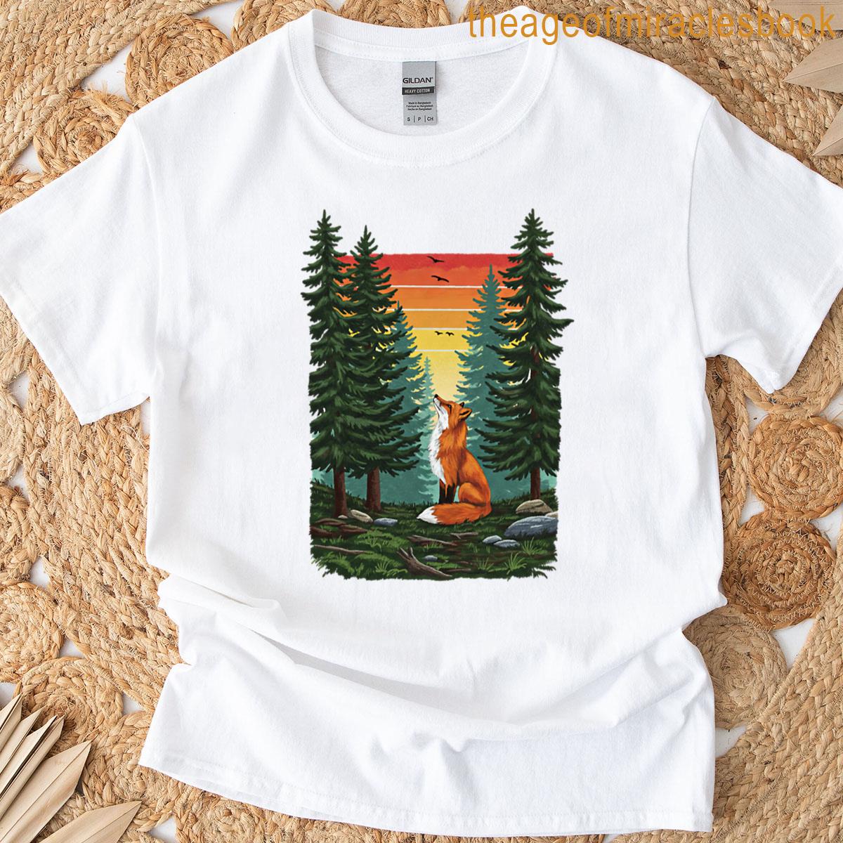 Fox In Forest Retro Sunset T-shirt