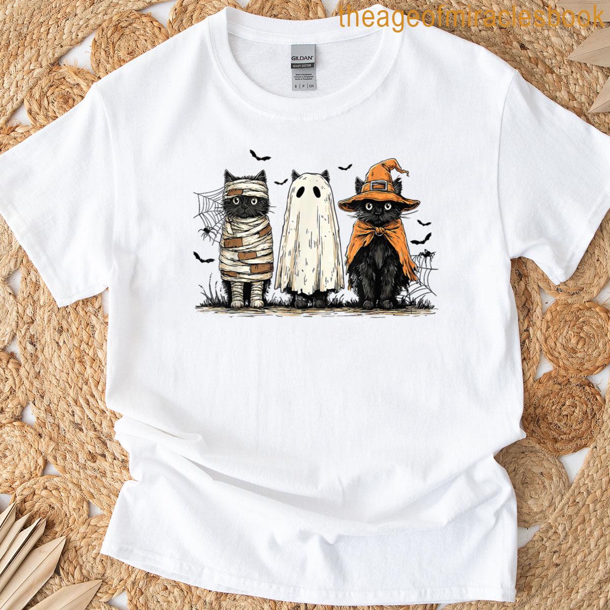 Black Cat Pumpkin Ghost Cat Ghost Witch Halloween T-shirt