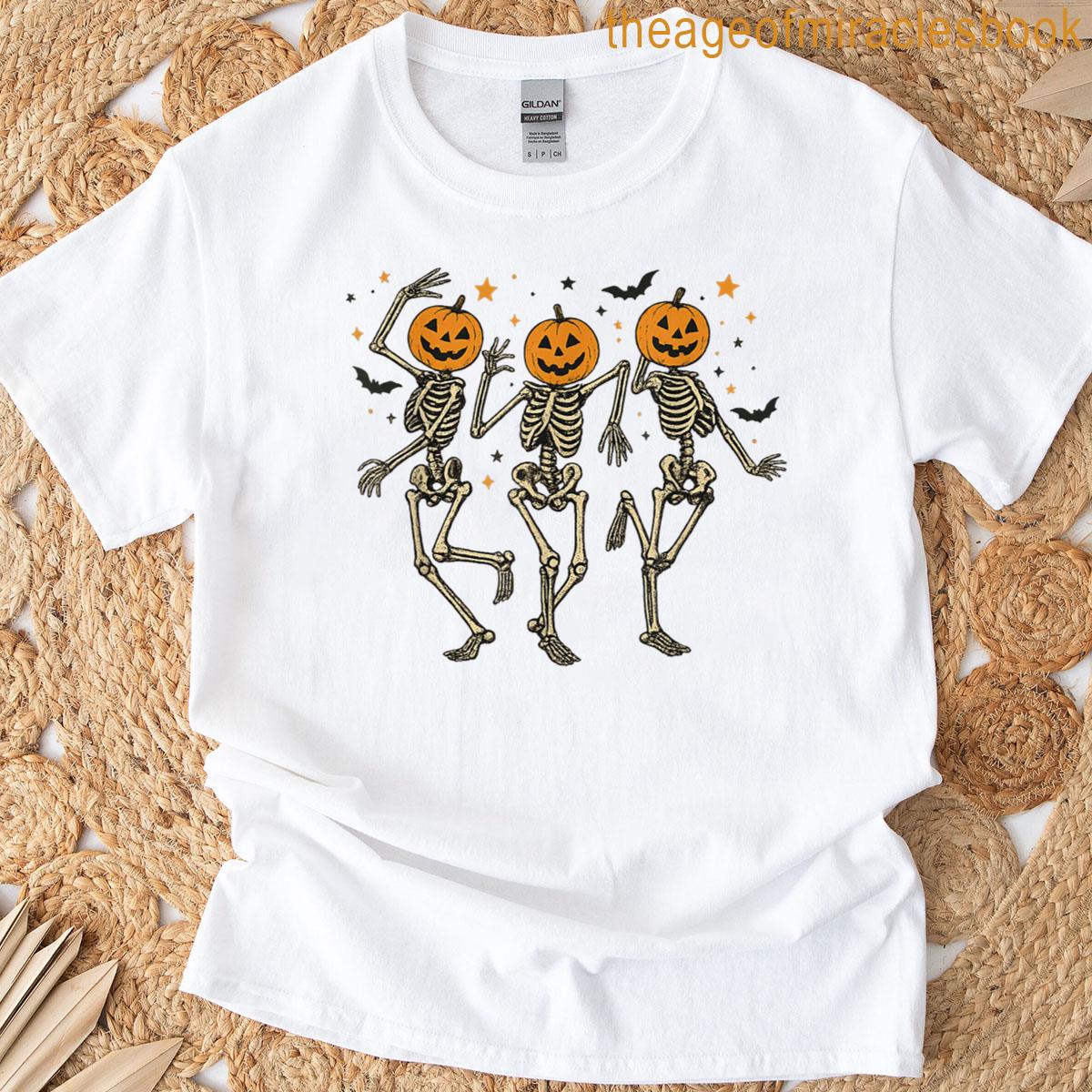 Dancing Skeleton Pumpkin Retro Halloween Funny Fall Spooky T-shirt