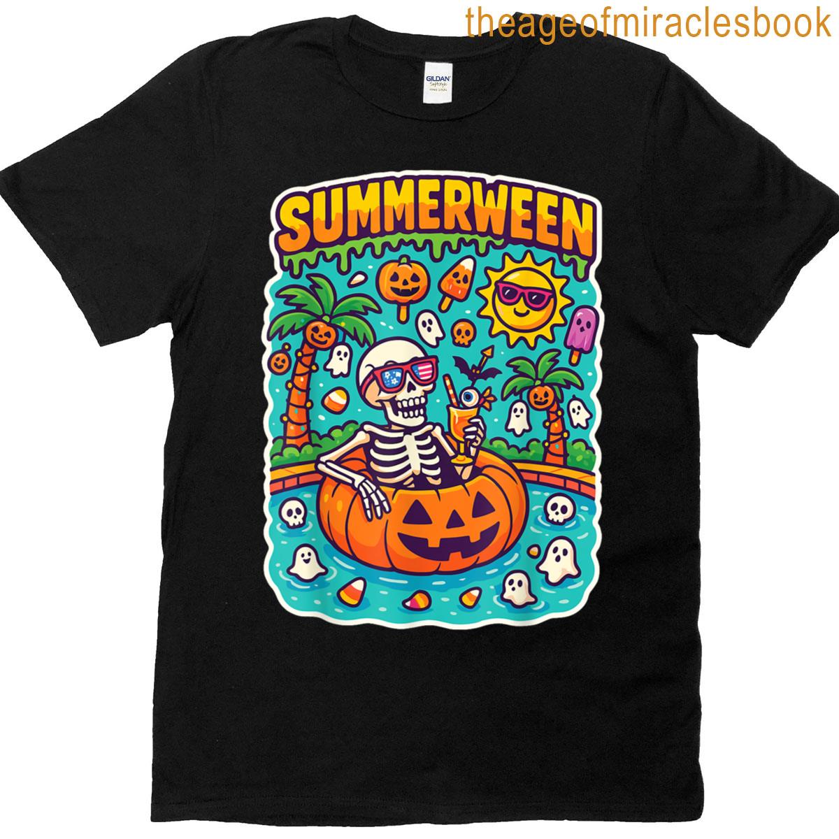 Funny Summerween Skeleton In Pumpkin Pool Float Halloween T-shirt