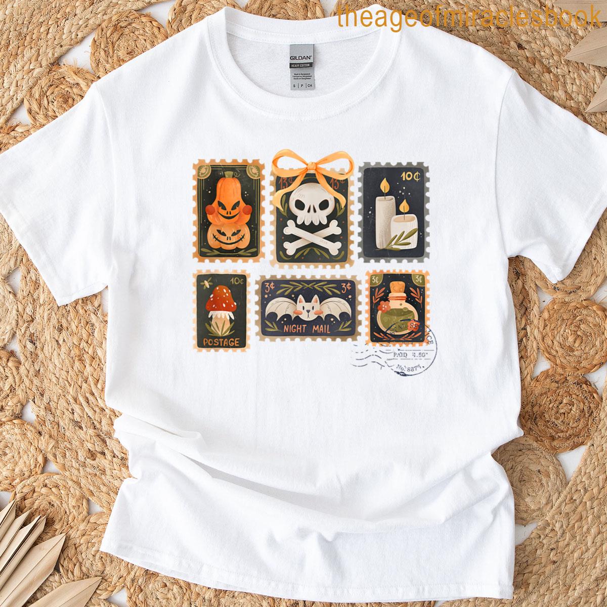 Halloween Cute Ghost Pumpkin Cat Retro Fall Postage Stamp T-shirt