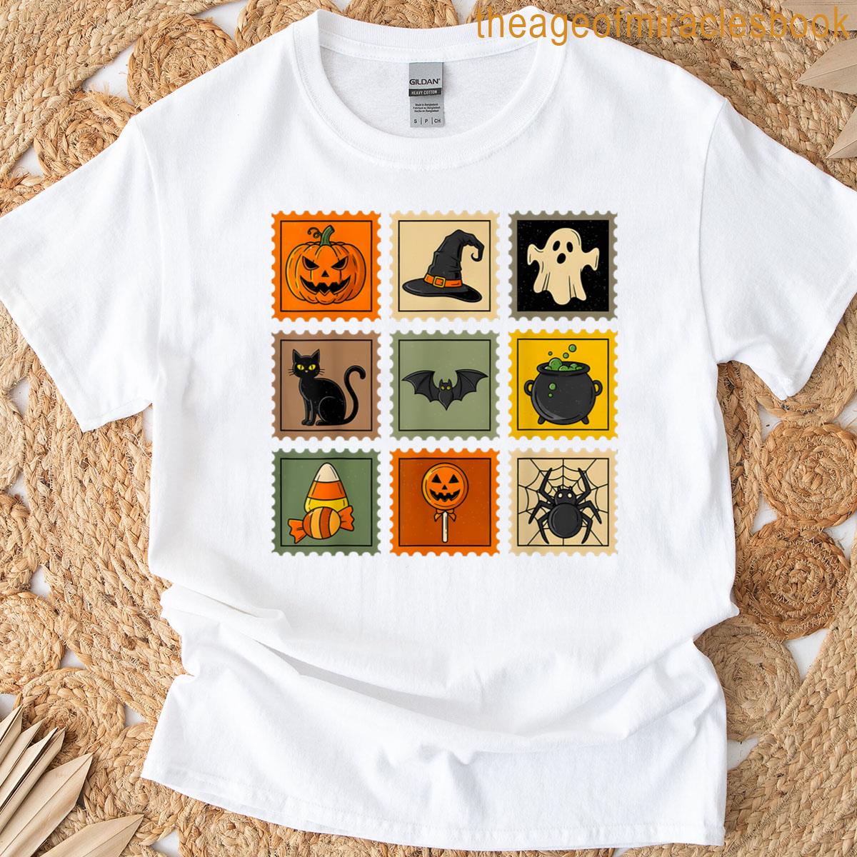 Retro Halloween Stamp Design Spooky Ghost Pumpkin T-shirt
